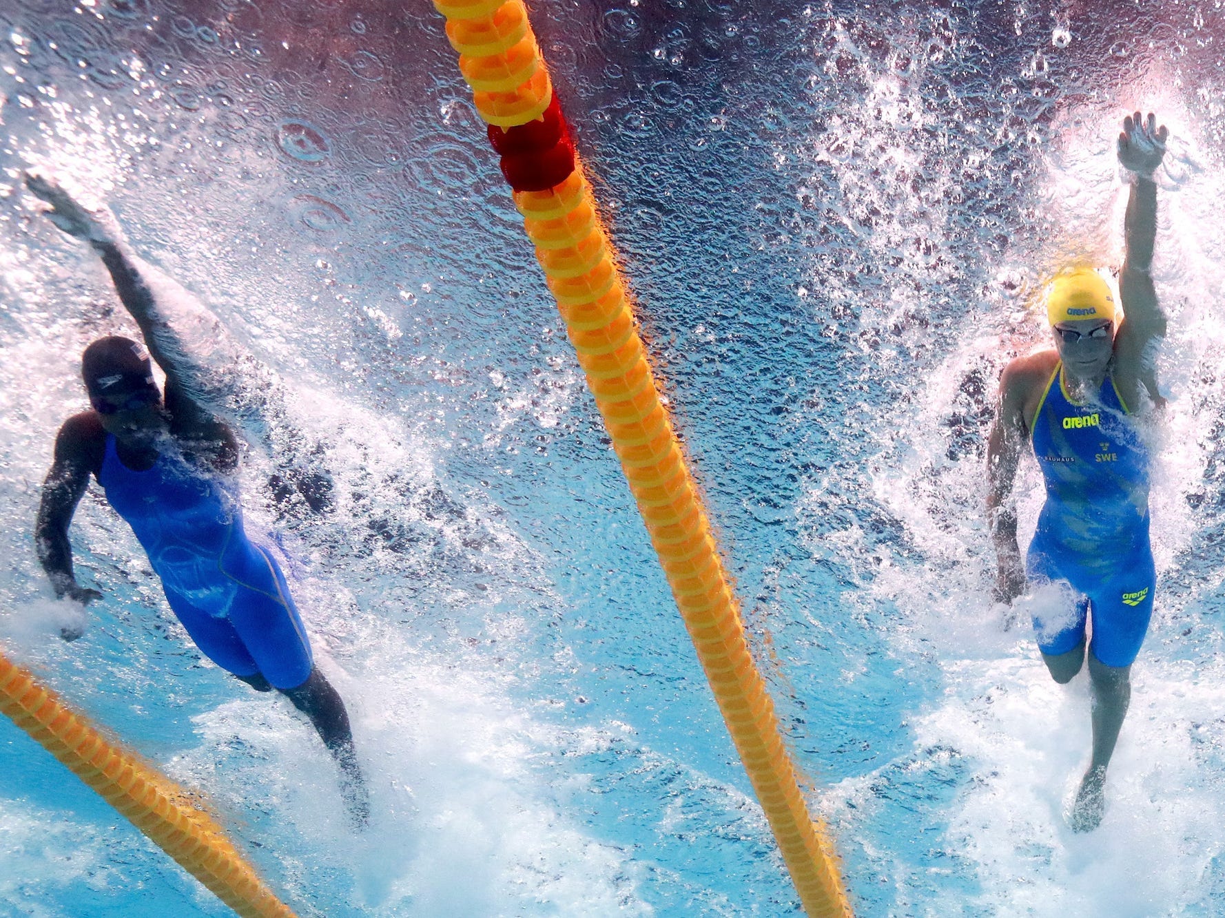 Simone Manuel of the United States and Sarah Sjostrom of Sweden compete during the 2017 FINA World Championships.