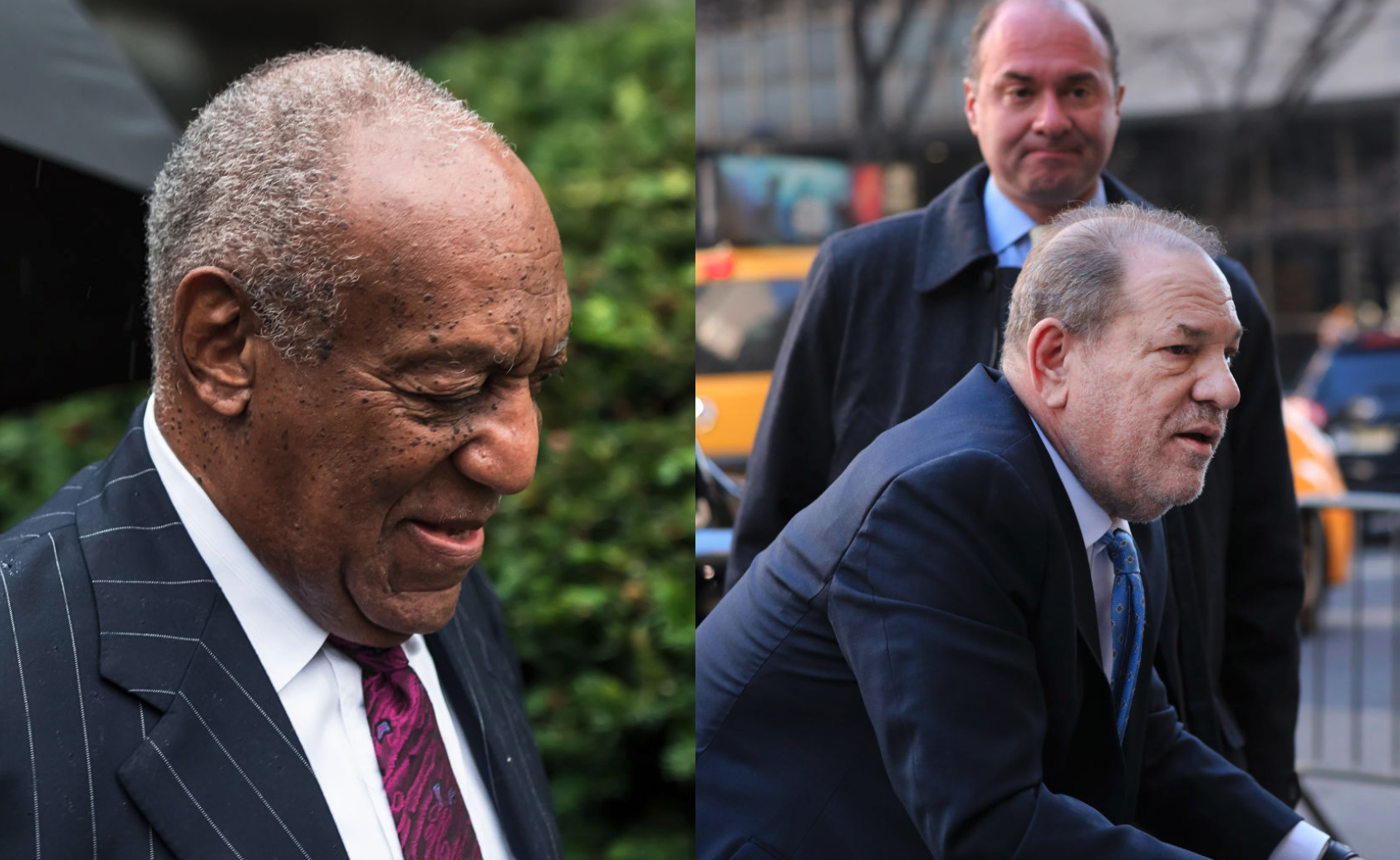 LEFT: Bill Cosby looks down in front of greenery with a smile, wearing a pinstriped blazer over a white button-down shirt with a burgundy tie. RIGHT: Harvey Weinstein looks ahead of him as he walks with the help of a walker, wearing a blue suit jacket over a white button-down shirt and light blue tie. A man stands behind him in a fall jacket.