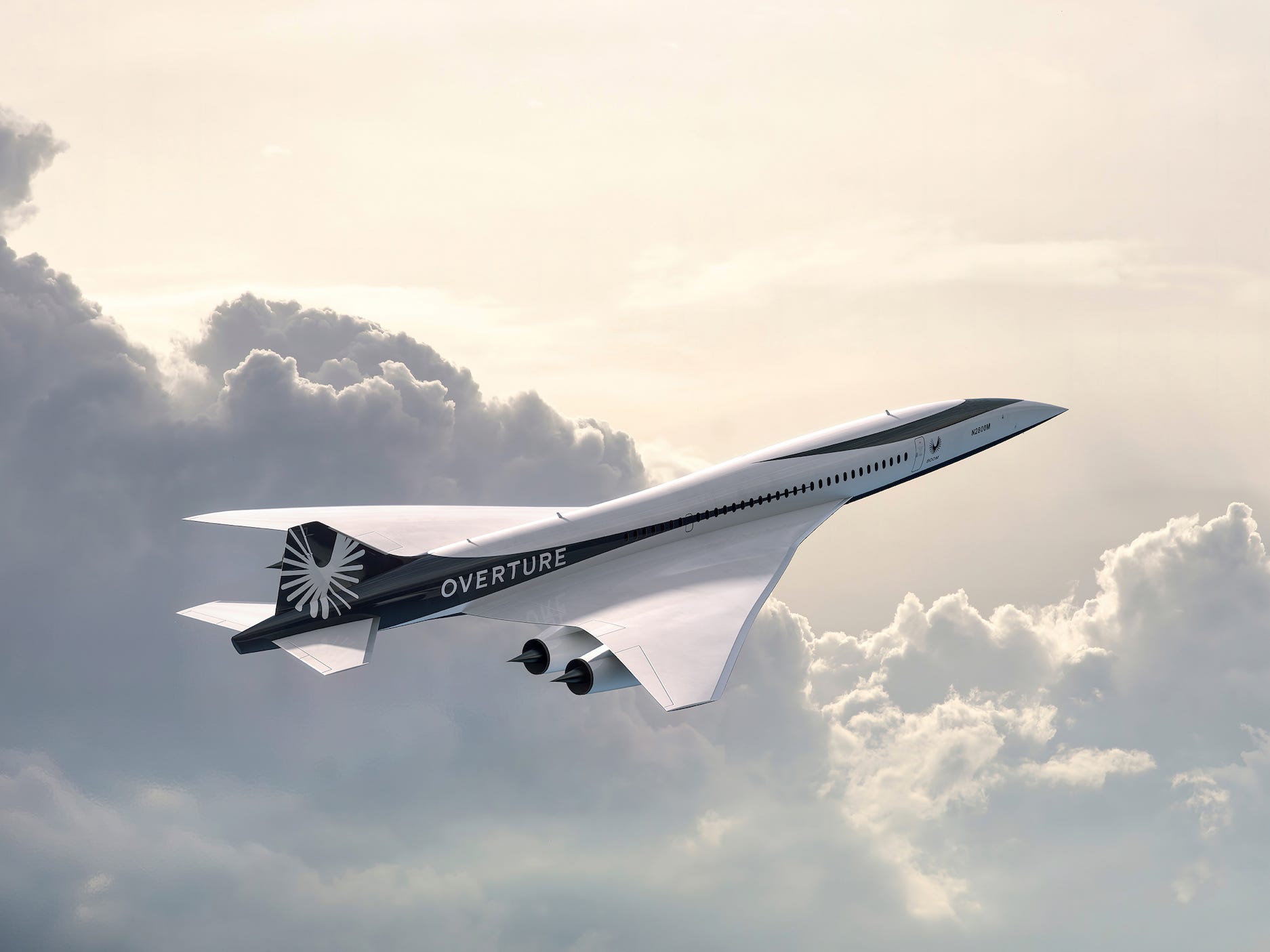 Boom Supersonic&#39;s Overture flying among clouds.