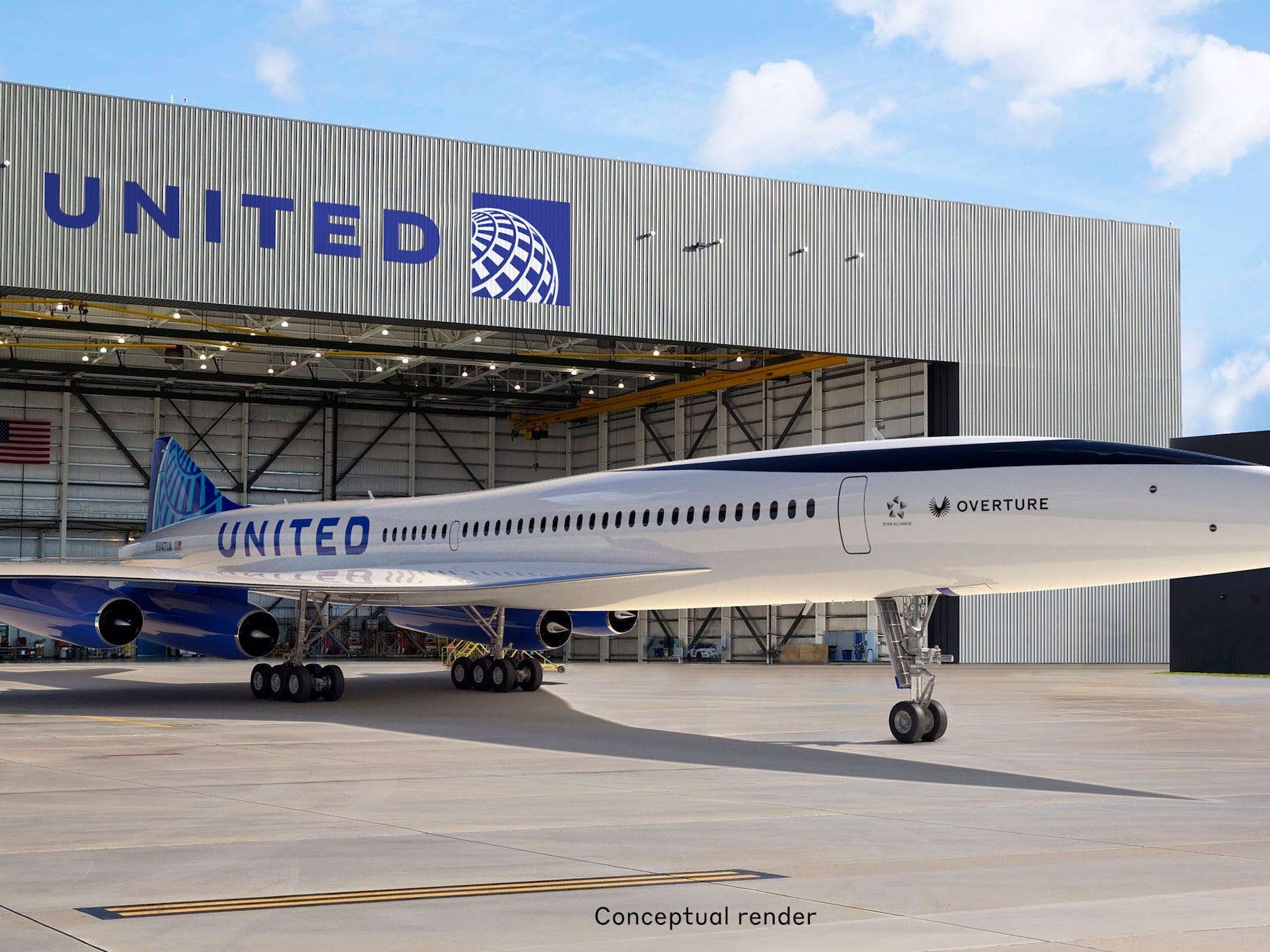 Boom Supersonic&#39;s Overture with United&#39;s branding in front of a United building.