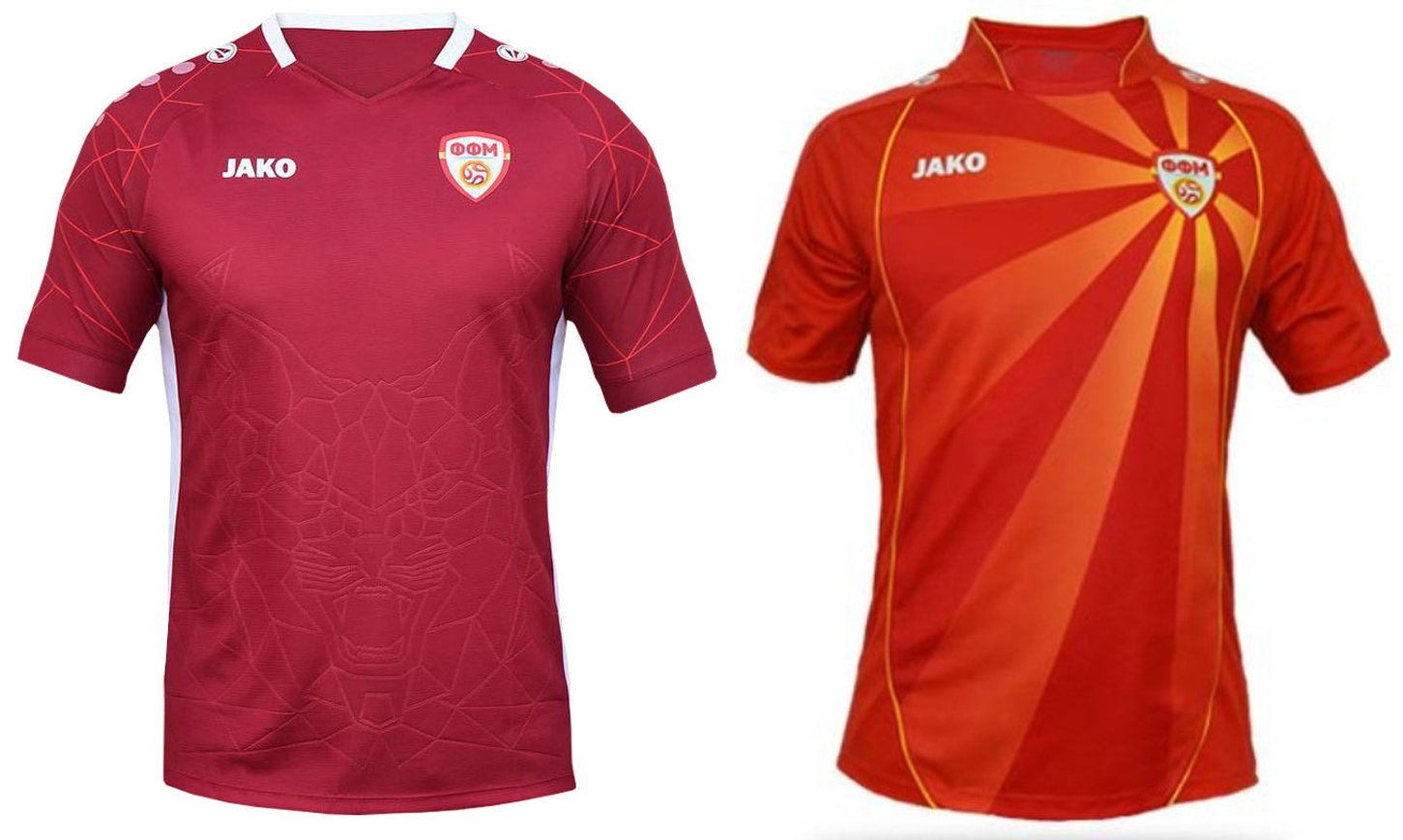 Links het nieuwe ontwerp dat niet in de smaak viel, rechts de oude shirts van Noord-Macedonië.