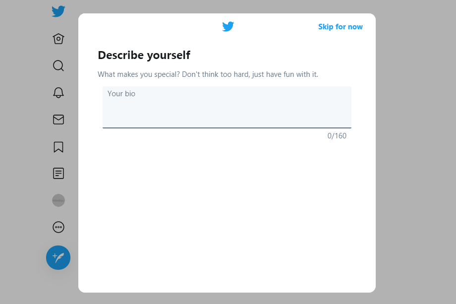 Screenshot of Twitter set-up enter bio