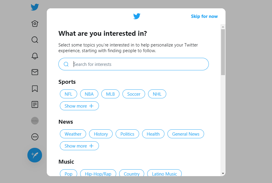 Screenshot of Twitter set-up select interests