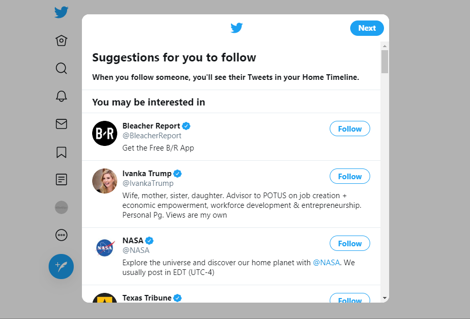 Screenshot of Twitter set-up choose who to follow