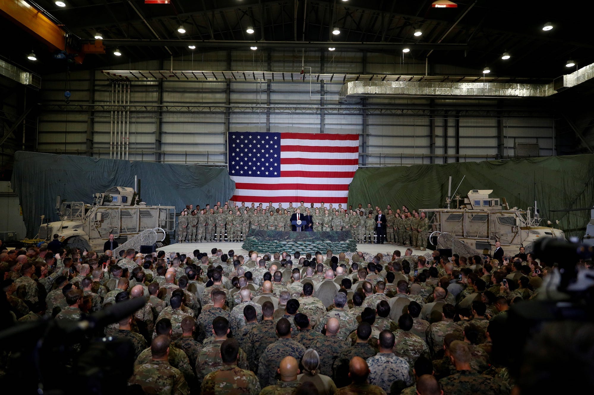 Then-President Donald Trump delivering remarks to US troops at Bagram Air Base in Afghanistan.