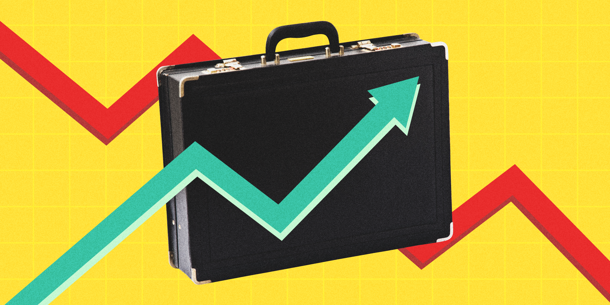 A briefcase with a rising green arrow in front of it and a declining red arrow behind it on a bright yellow gridded background.