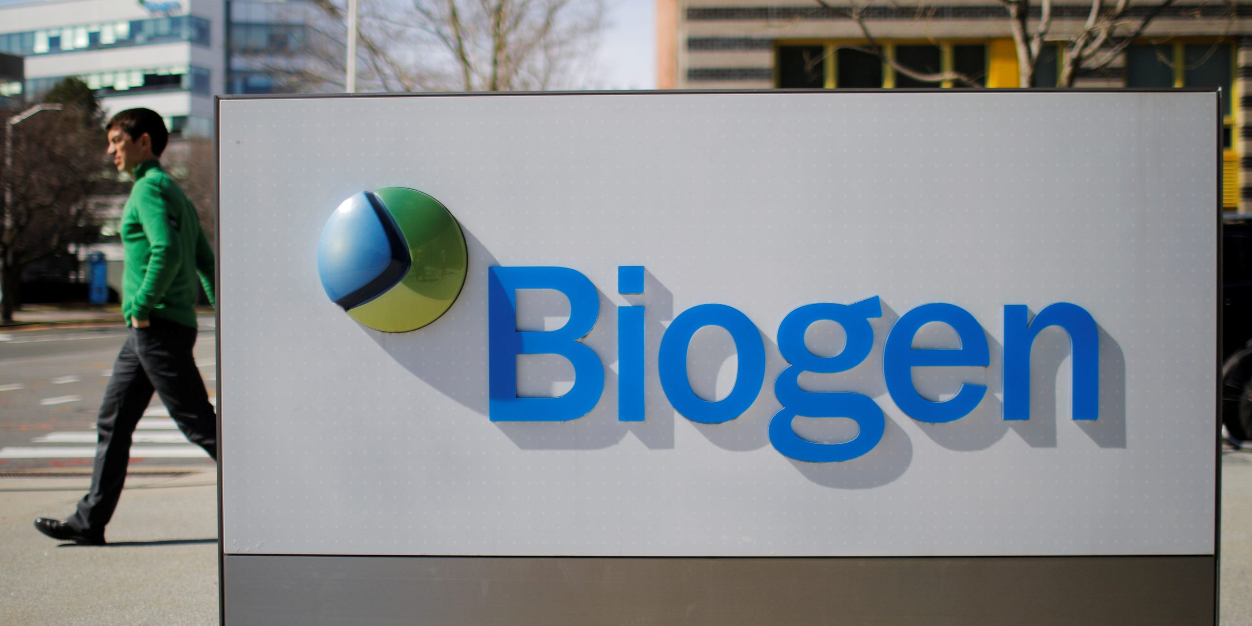 A sign marks a Biogen facility, some of whose employees have tested positive for the coronavirus after attending a meeting in Boston, in Cambridge, Massachusetts, U.S., March 9, 2020.   REUTERS/Brian Snyder