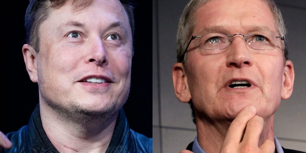 Tesla CEO Elon Musk (left) and Apple CEO Tim Cook.