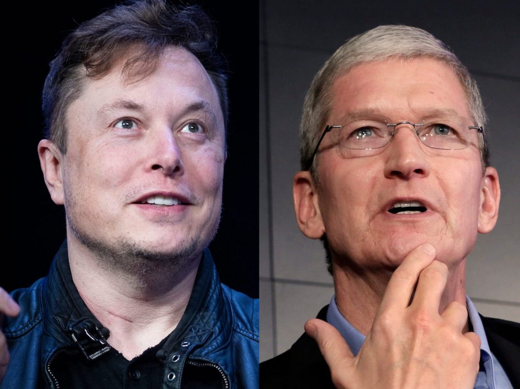 Tesla CEO Elon Musk (left) and Apple CEO Tim Cook.