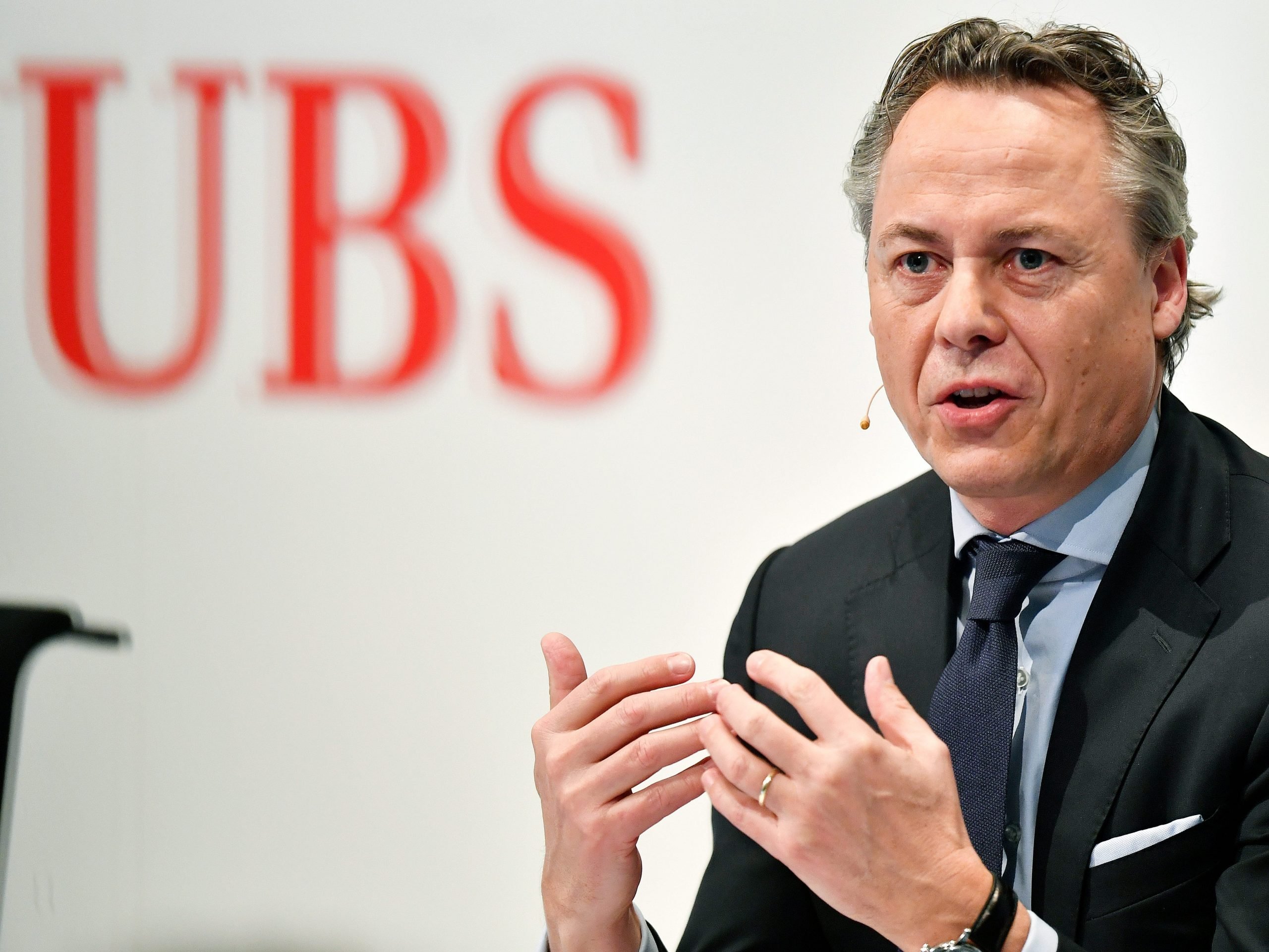 Ralph Hamers, new CEO of Swiss Bank UBS, gestures during a press conference in Zurich, Switzerland, Thursday, Feb. 20, 2020. Dutchman Ralph Hamers will replace Sergio Ermotti, who is still UBS boss, on Nov. 1, 2020. (Walter Bieri/Keystone via AP)