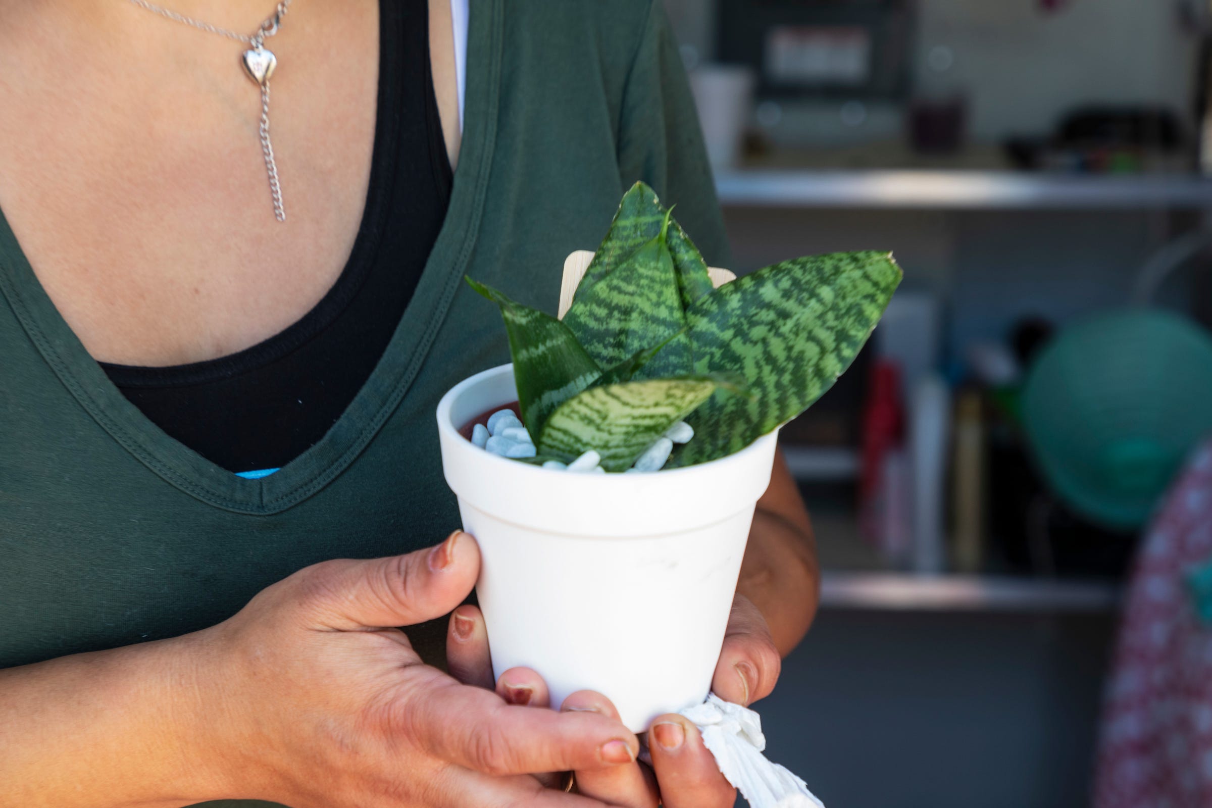 A woman holds a small plant.