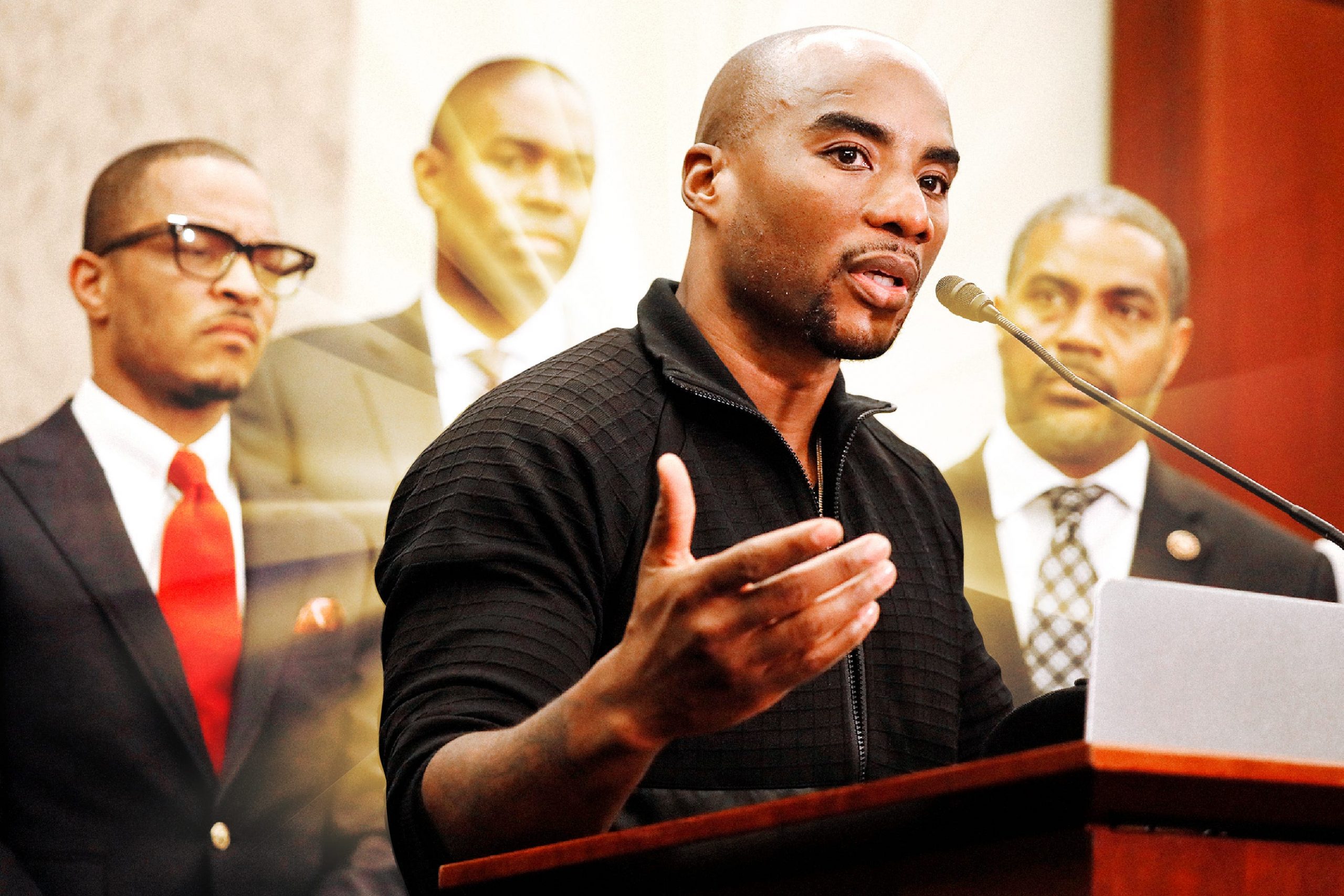 Charlamagne Tha God with a golden light radiating from behind him with Clifford “T.I.” Harris, Re. Antonio Delgado (D-NY), and Steven Horsford (D-NV) in the background.