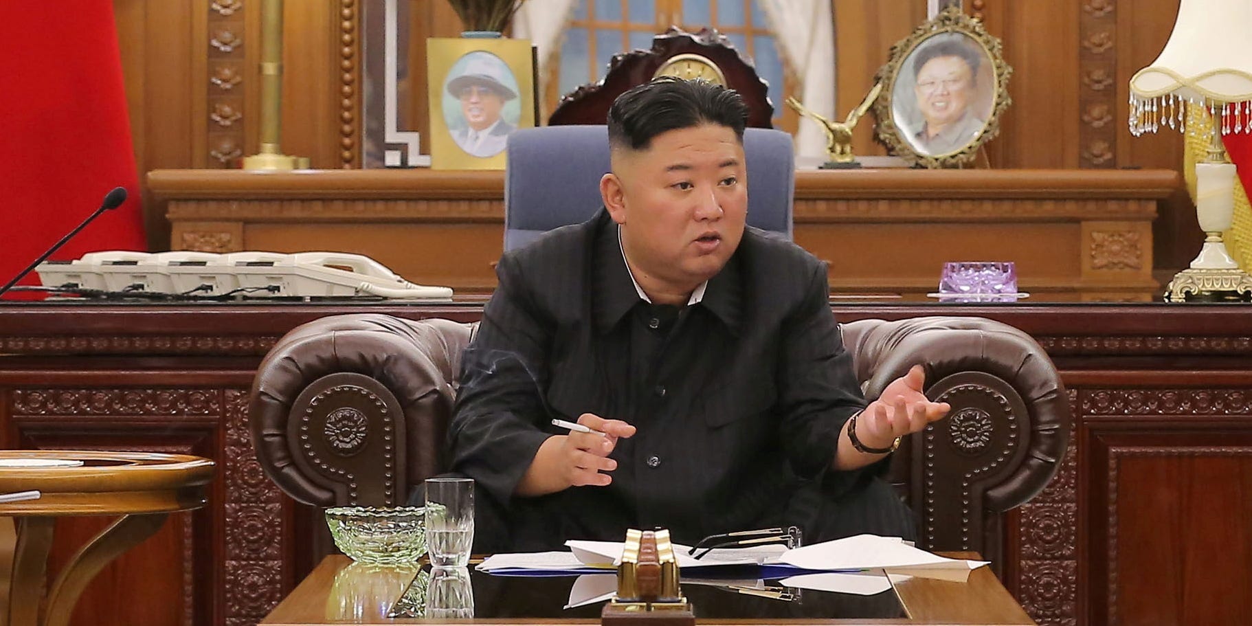 North Korean leader Kim Jong Un at a meeting with senior officials from the Workers' Party of Korea (WPK) Central Committee and Provincial Party Committees in Pyongyang, North Korea, in this undated photo released on June 8, 2021 by North Korea's Korean Central News Agency (KCNA)