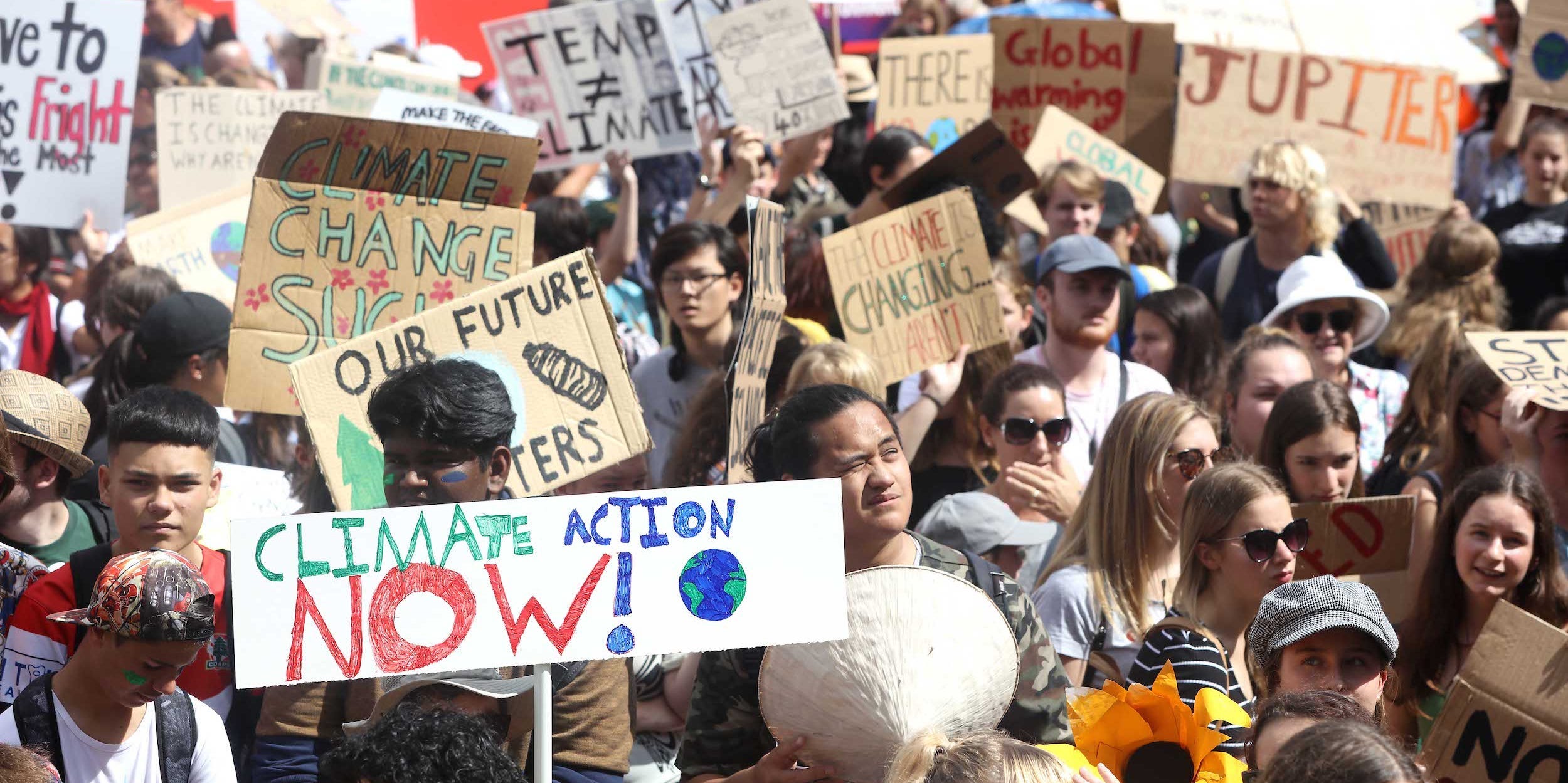 Students protest in Auckland's Aotea Square over climate change on March 15, 2019 in Auckland, New Zealand.