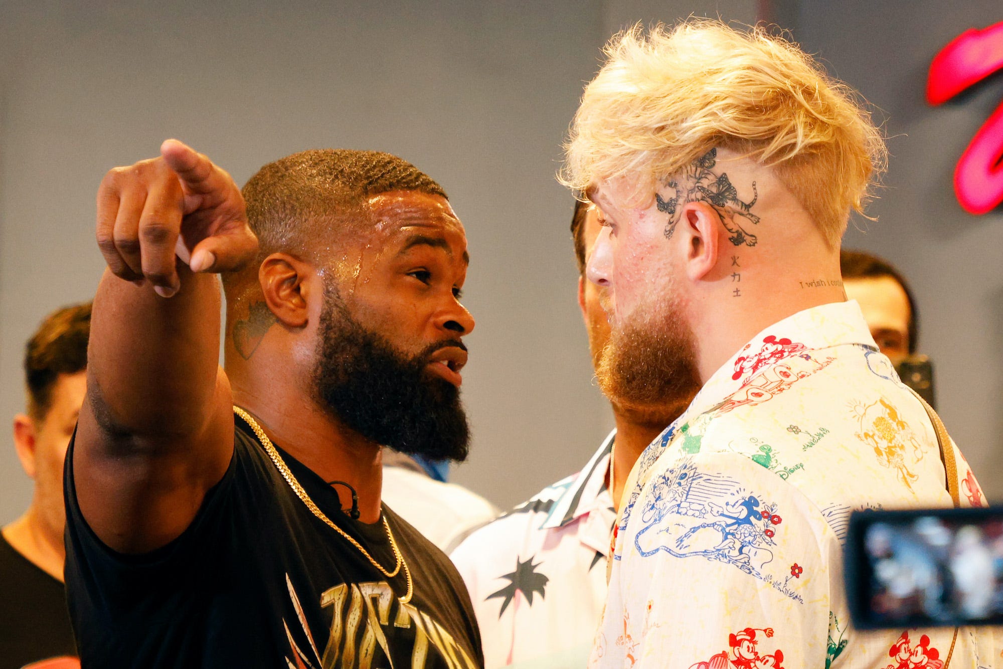 Tyron Woodley and Jake Paul exchanged words at a pre-fight press event in Miami in June, 2020.