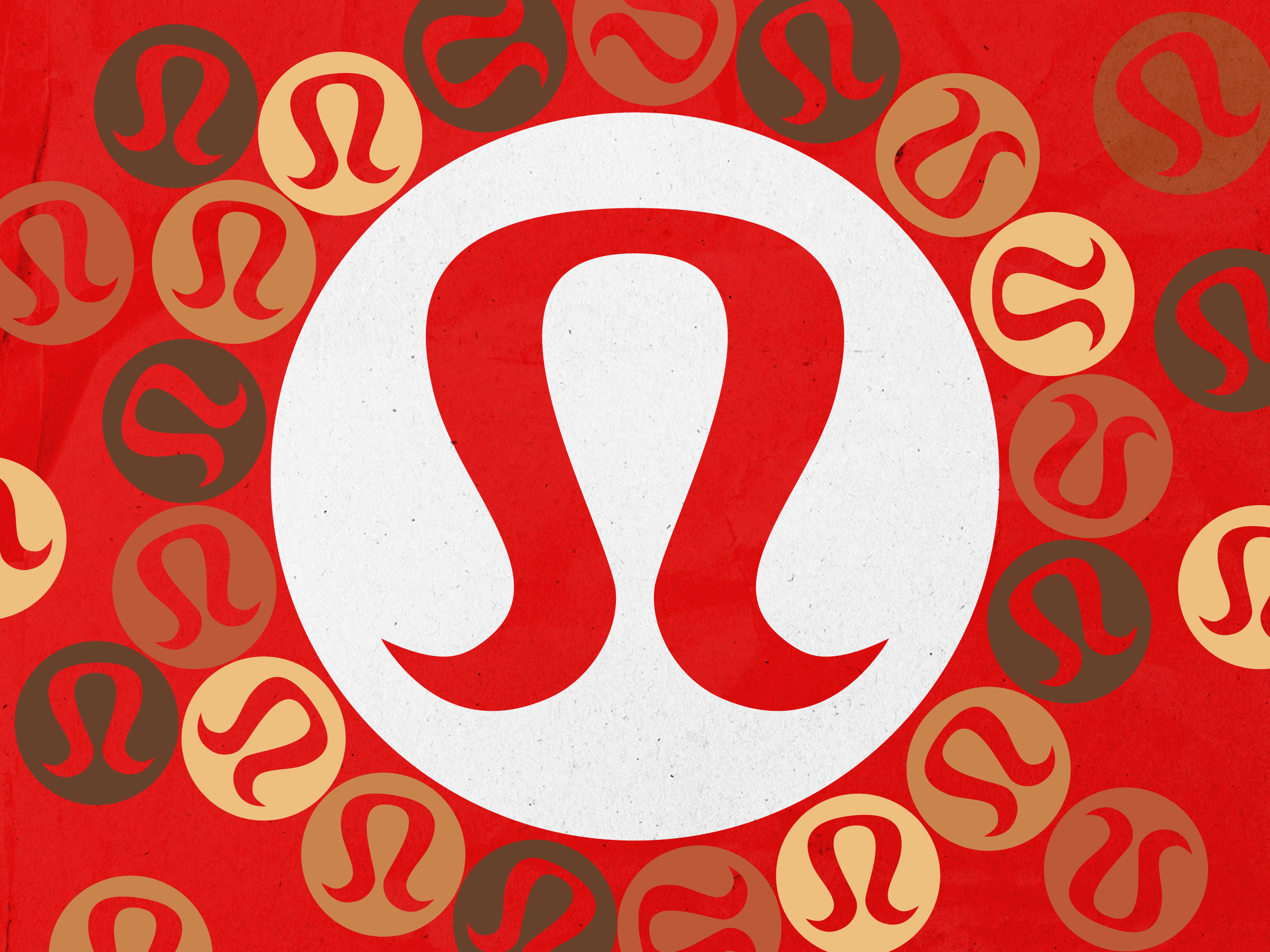 A large white lululemon logo surrounded by various smaller beige and brown colored lululemon logos on a red background