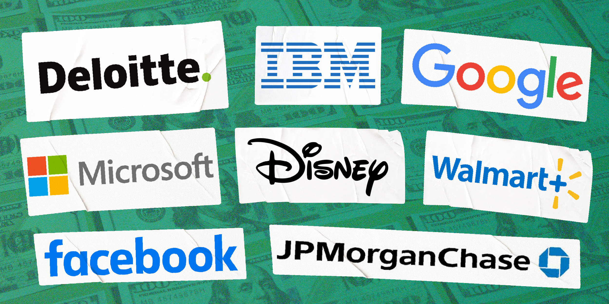 Logos of companies including Deloitte, IBM, Google, Microsoft, Disney, Walmart, Facebook, and JP Morgan Chase on a green background.