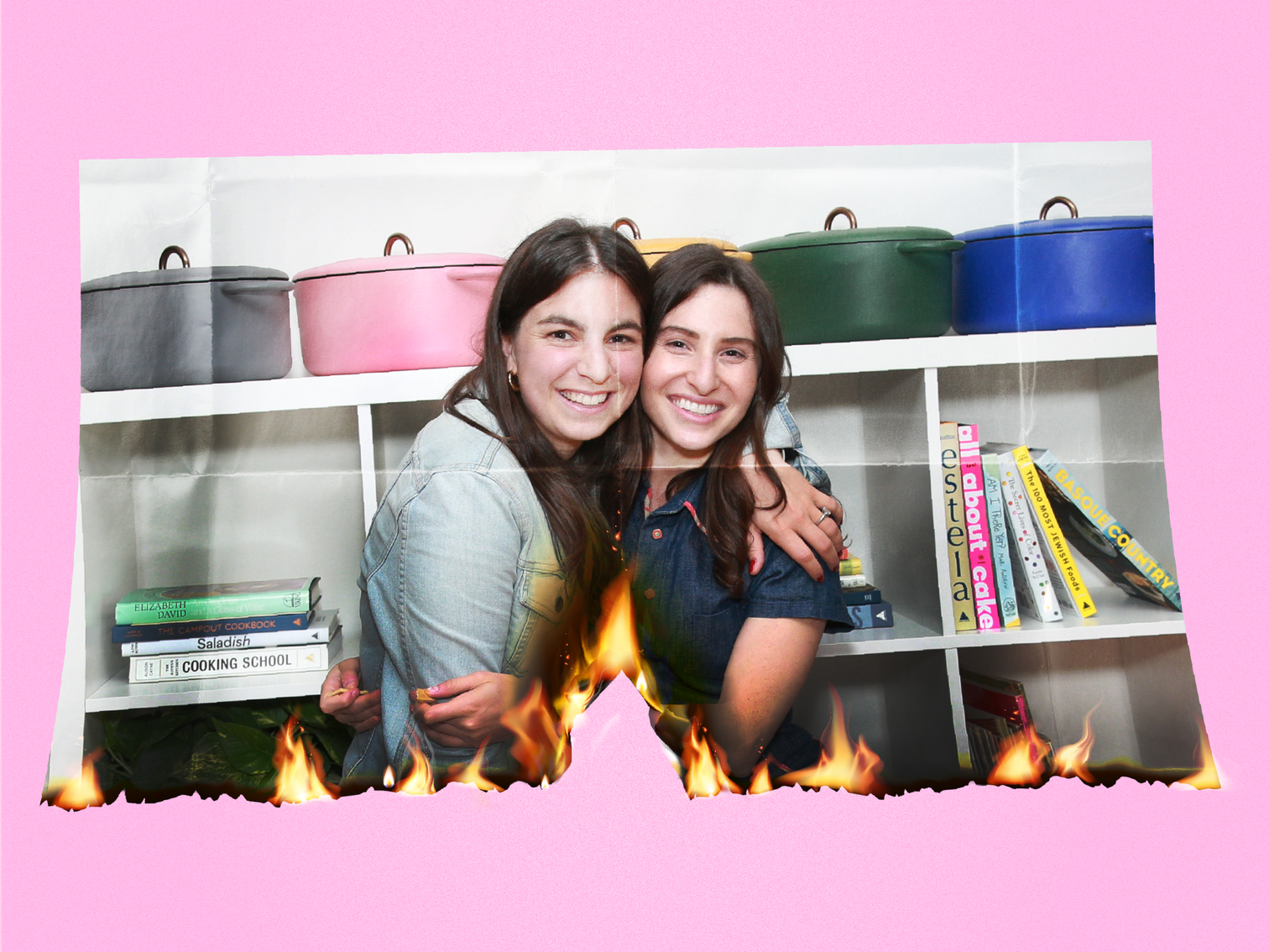 Burning photo of Great Jones co-founders Maddy Moelis and Sierra Tishgart with colorful dutch ovens behind them, on top of a pink background