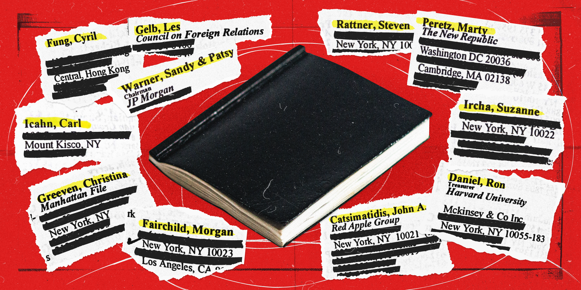 Jeffrey Epstein's address book surrounded by ripped pieces of paper with select names from the book on a red background