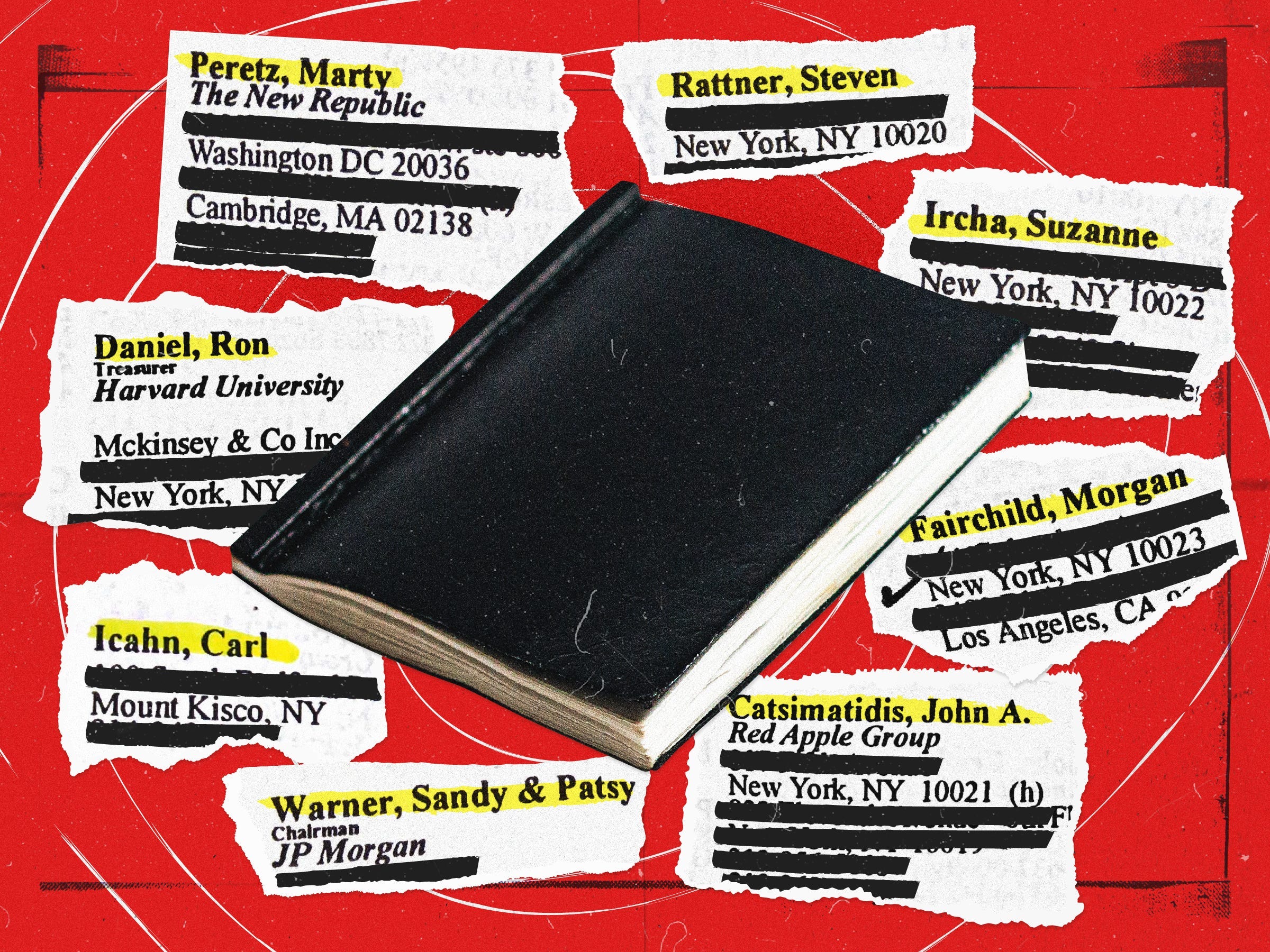 Jeffrey Epstein's address book surrounded by ripped pieces of paper with select names from the book on a red background
