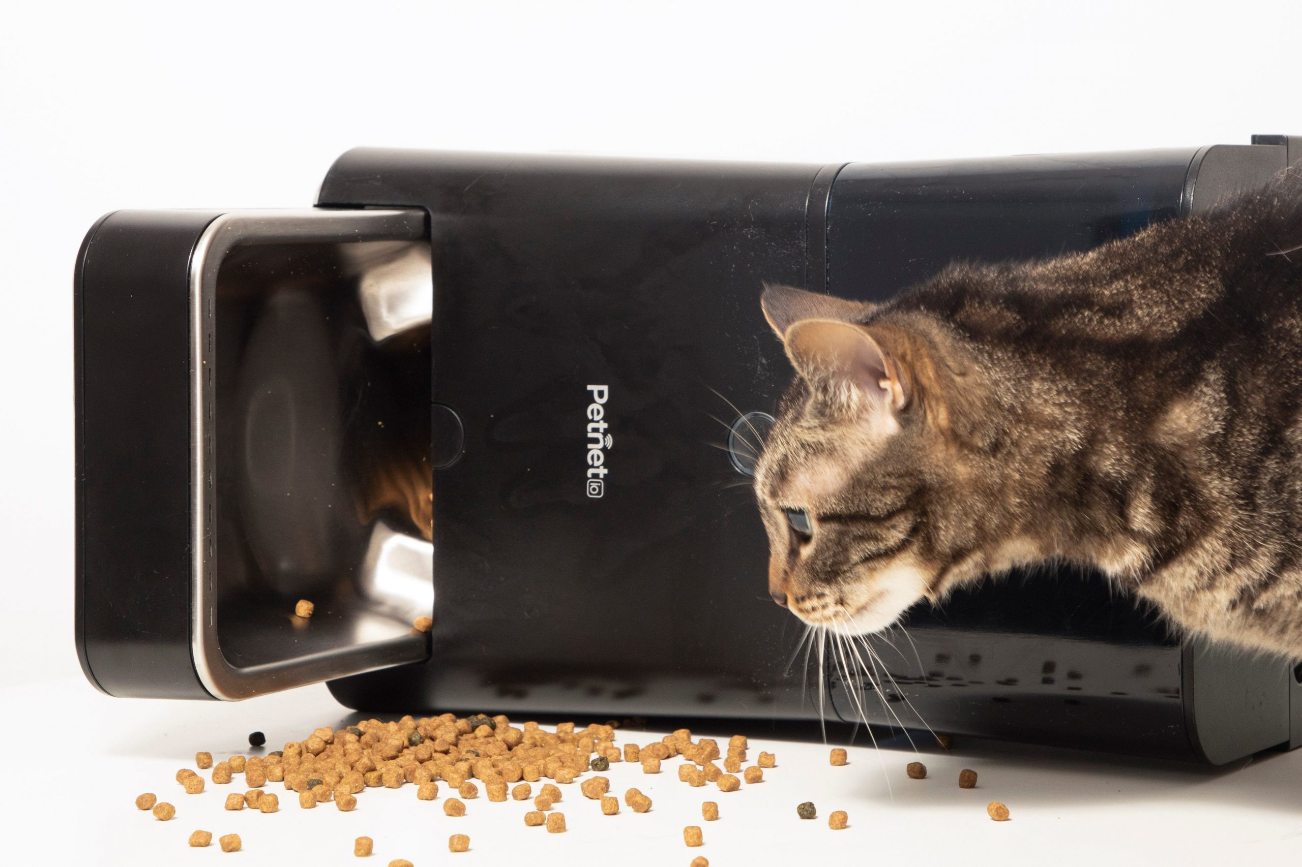 A cat on a white table walks over a pile of food which spilled out of a black pet feeder.