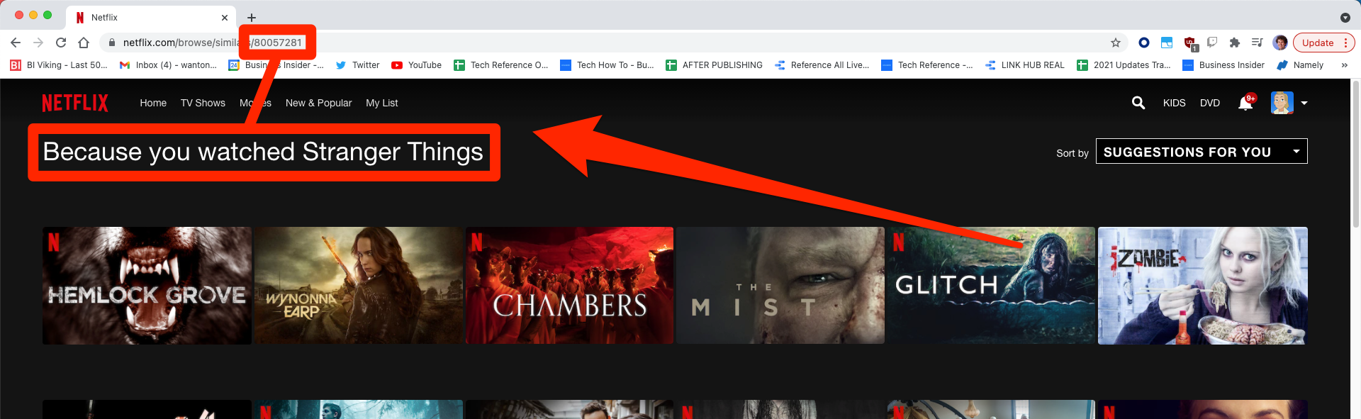 The Netflix page for titles similar to "Stranger Things," with the page's title and URL code highlighted.