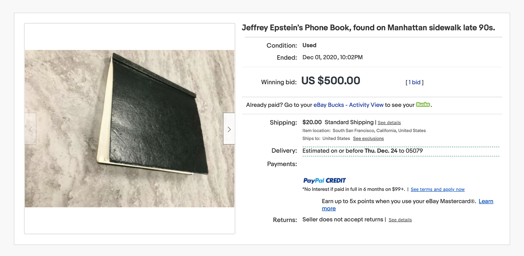 Little Black Book eBay listing