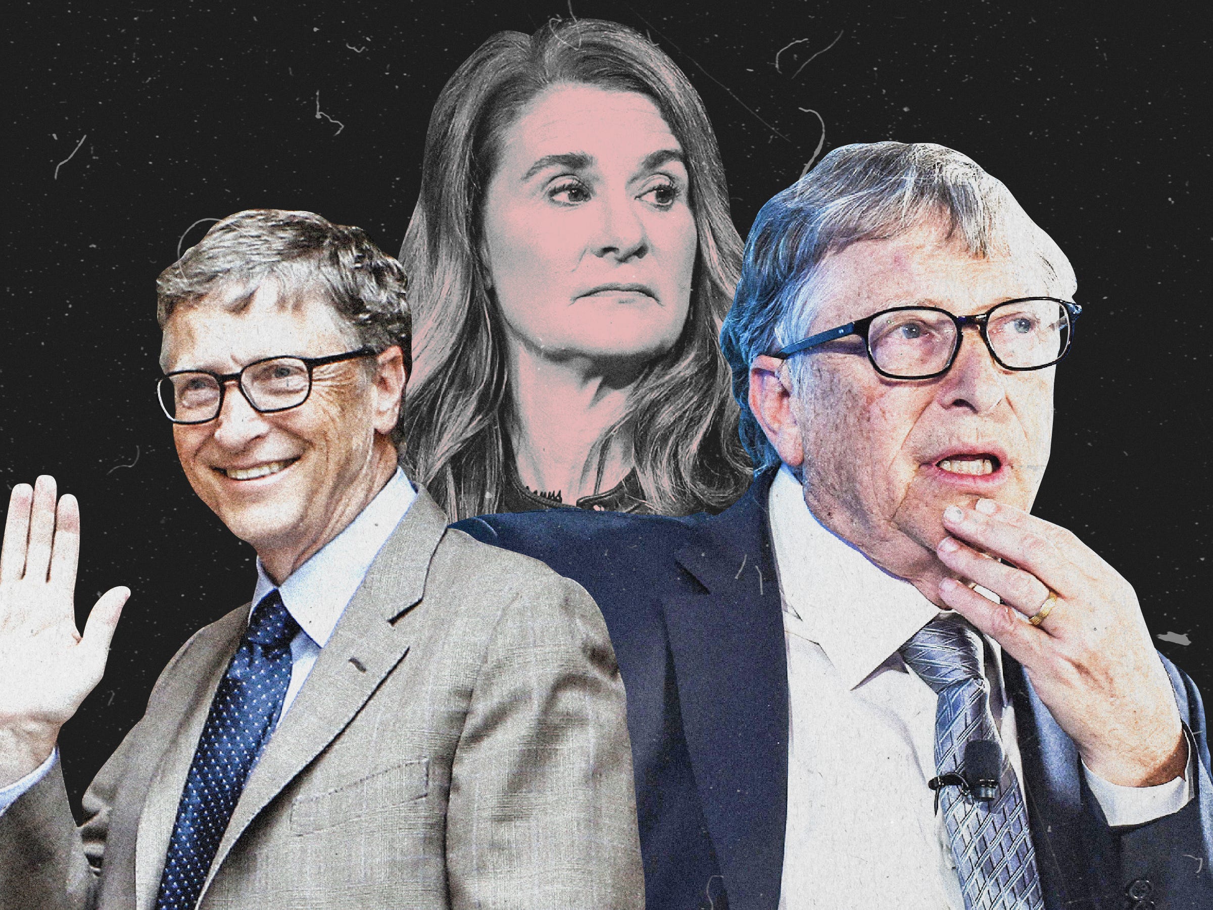 One image of a smiling Bill Gates on the left, a stern Melinda Gates in the center, and a thinking Bill Gates to the right on a black background