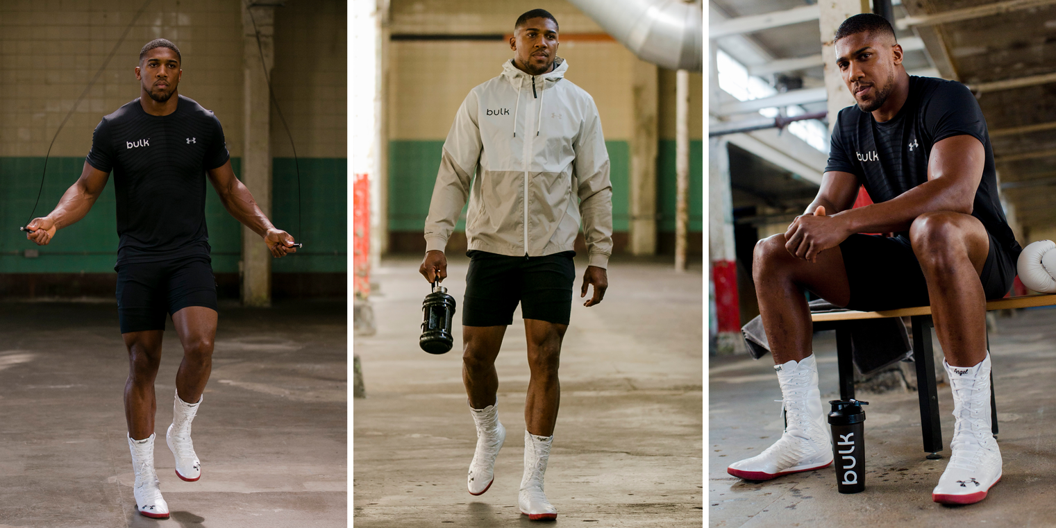 A side-by-side collage of three photos featuring professional boxer Anthony Joshua jumping rope, walking, and posing with a Bulk-branded water bottle.