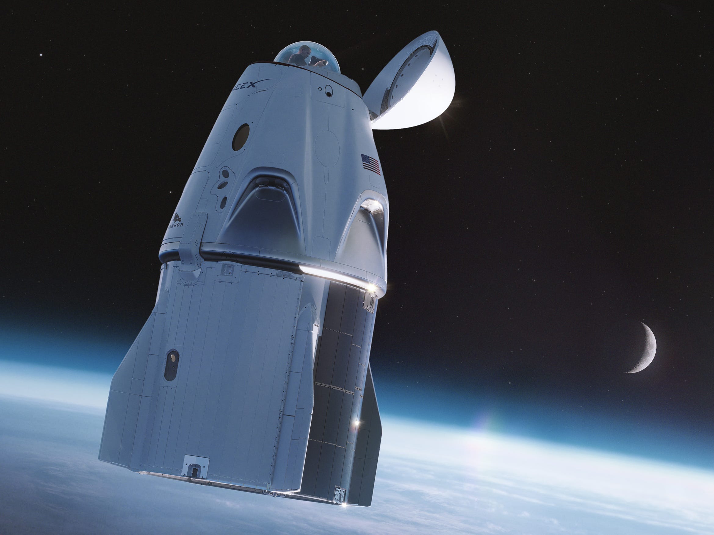 Een afbeelding van SpaceX's Crew Dragon ruimteschip met een glazen koepel "cupola" op zijn neus. Afbeelding: SpaceX