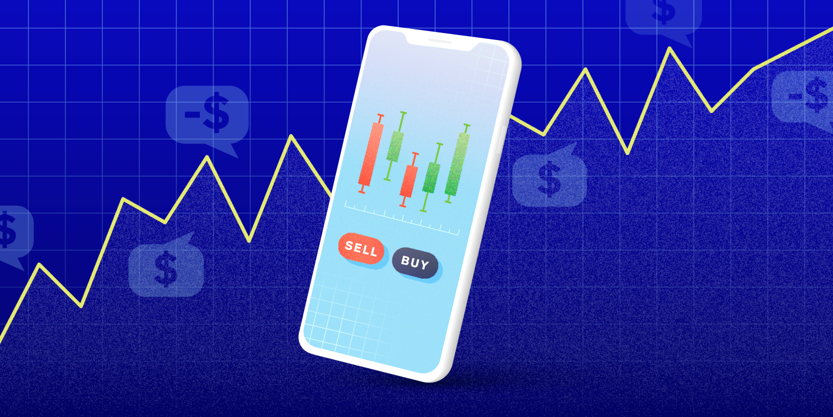 Investing Basics: How to buy stocks featuring a phone with stock candlestick charts and buy/sell buttons