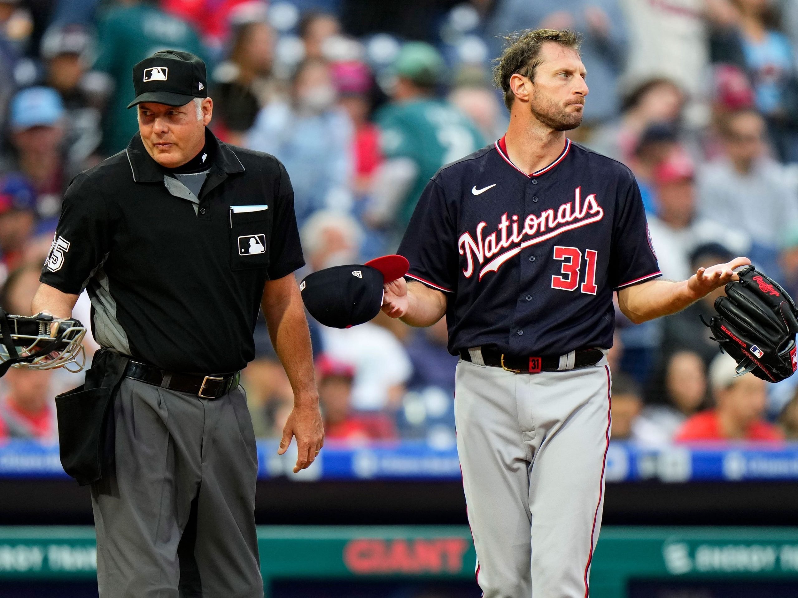 Max Scherzer reacts after being checked for foreign substances.