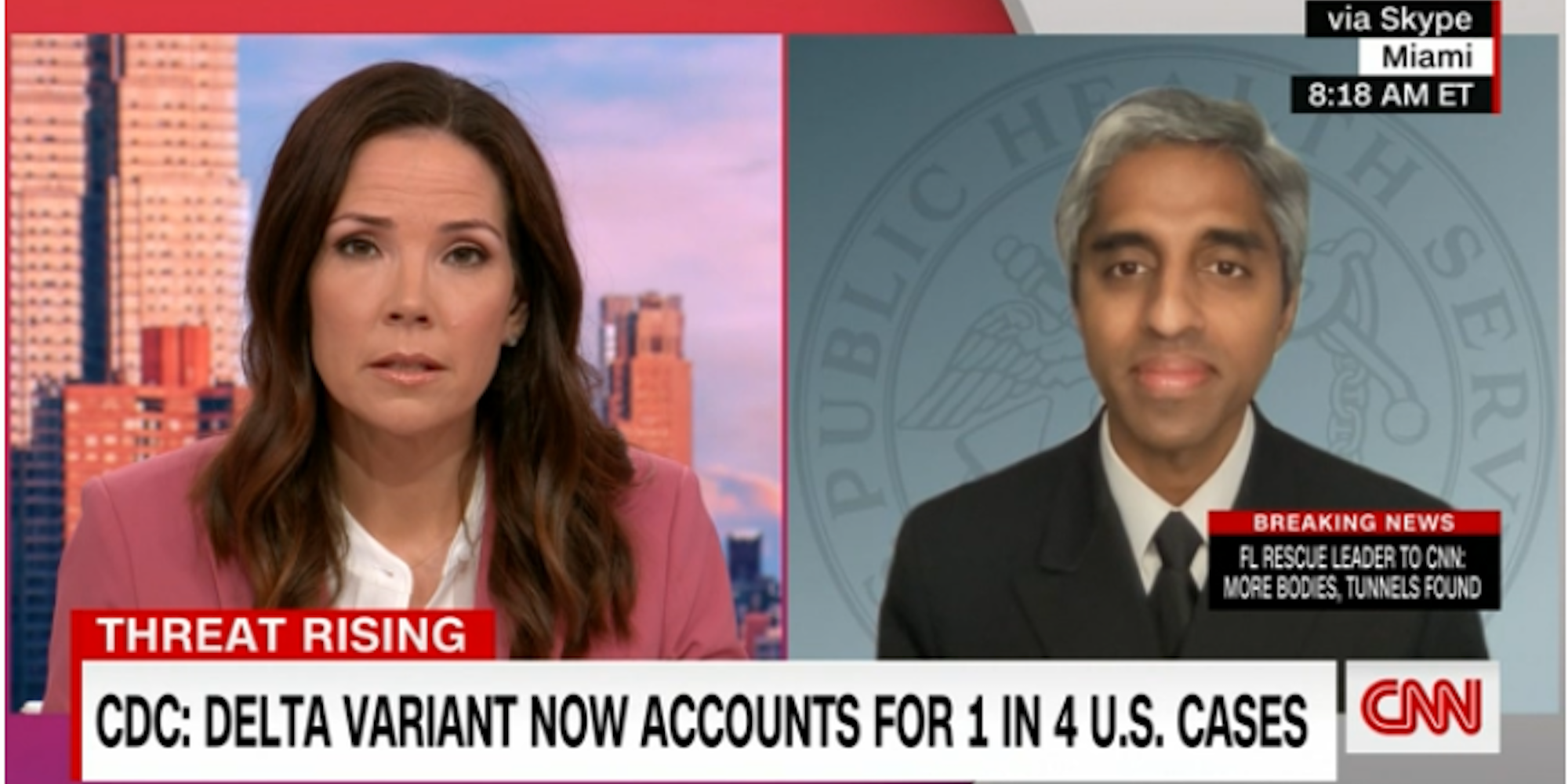 Dr. Vivek Murthy speaking on CNN in the right side of a split screen, on the left is CNN anchor Erica Hill