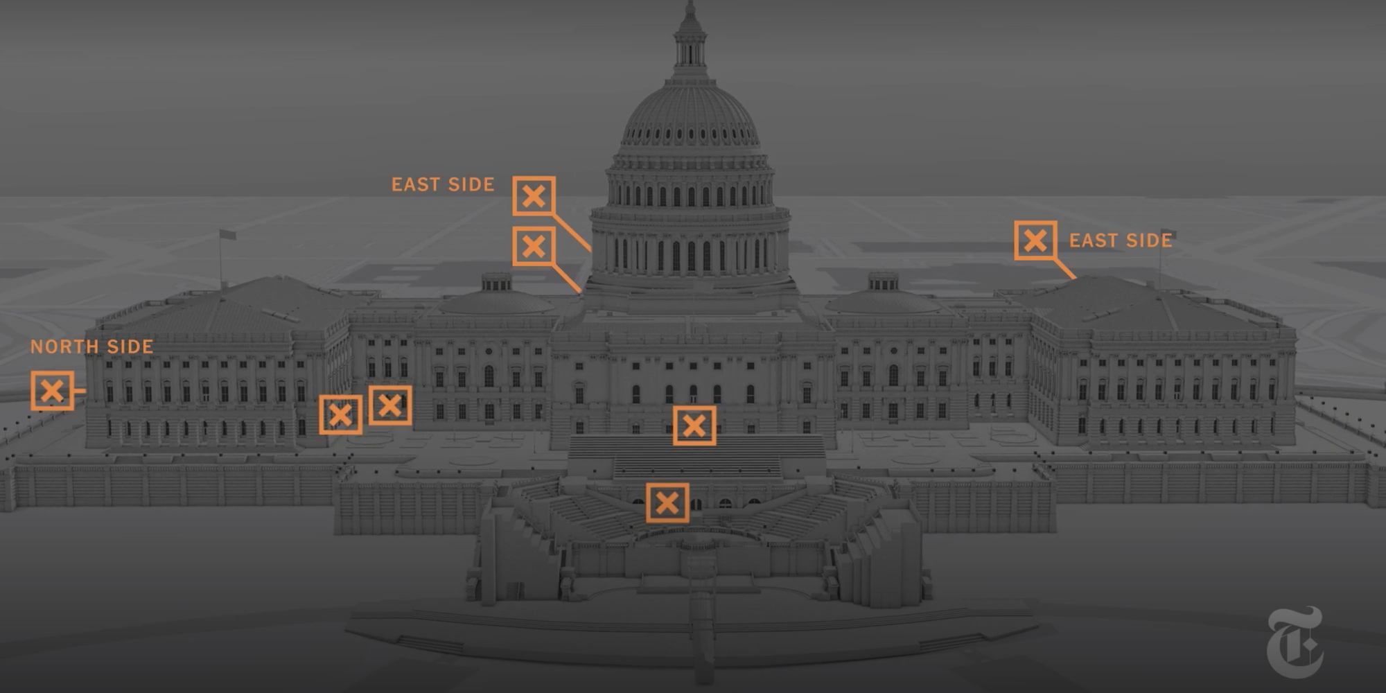 An image of the Capitol with orange markers where The New York Times found rioters broke in on January 6.