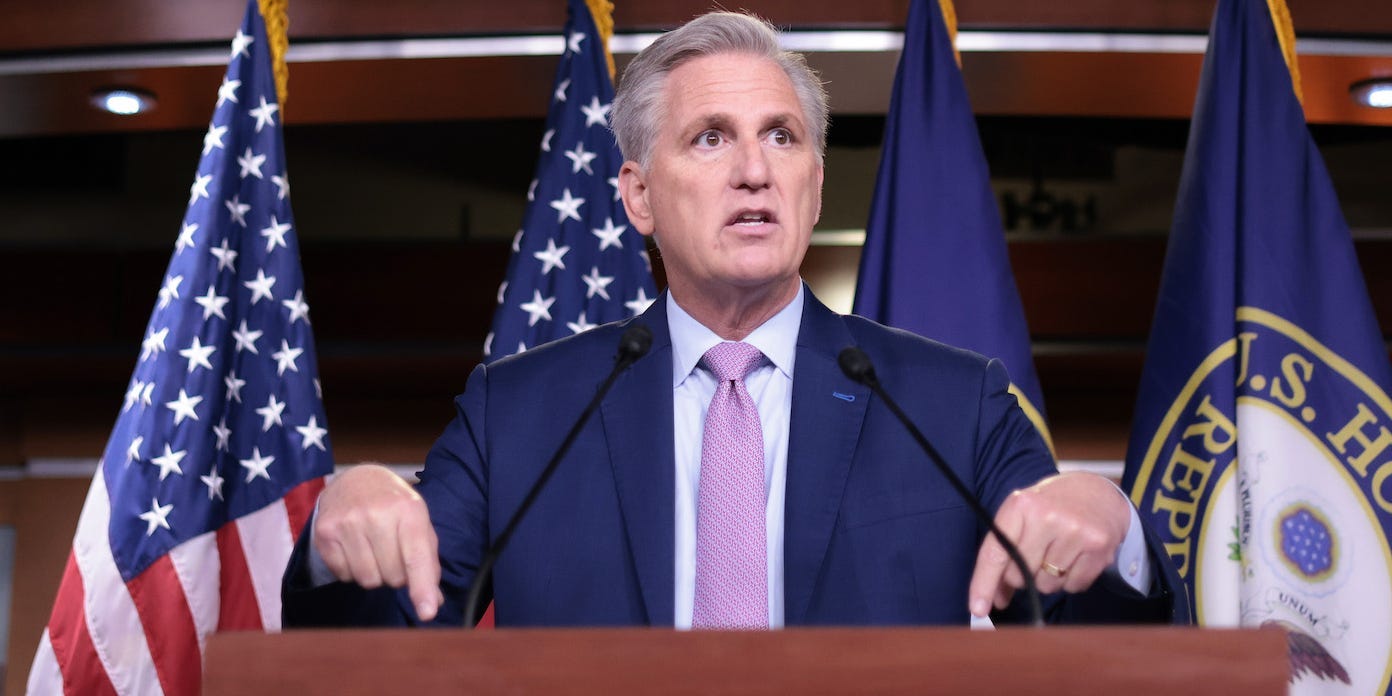 House Minority Leader Kevin McCarthy points down at the podium with both fingers while answering questions during his weekly news conference at the U.S. Capitol June 25, 2021 in Washington, DC.