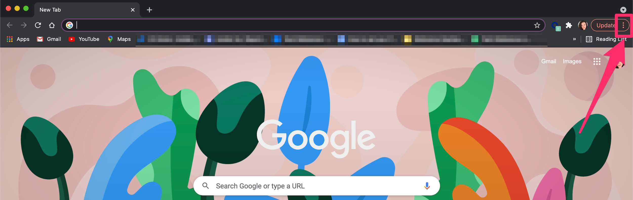 Screenshot of Google Chrome homepage, three-dot icon