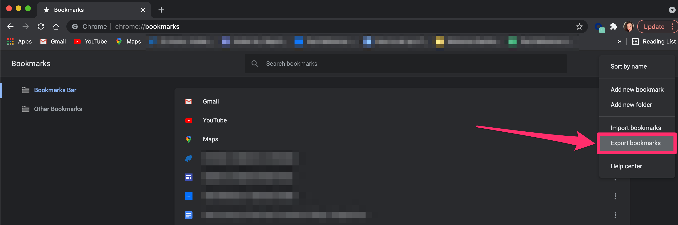 Screenshot of Chrome "export bookmarks" drop-down