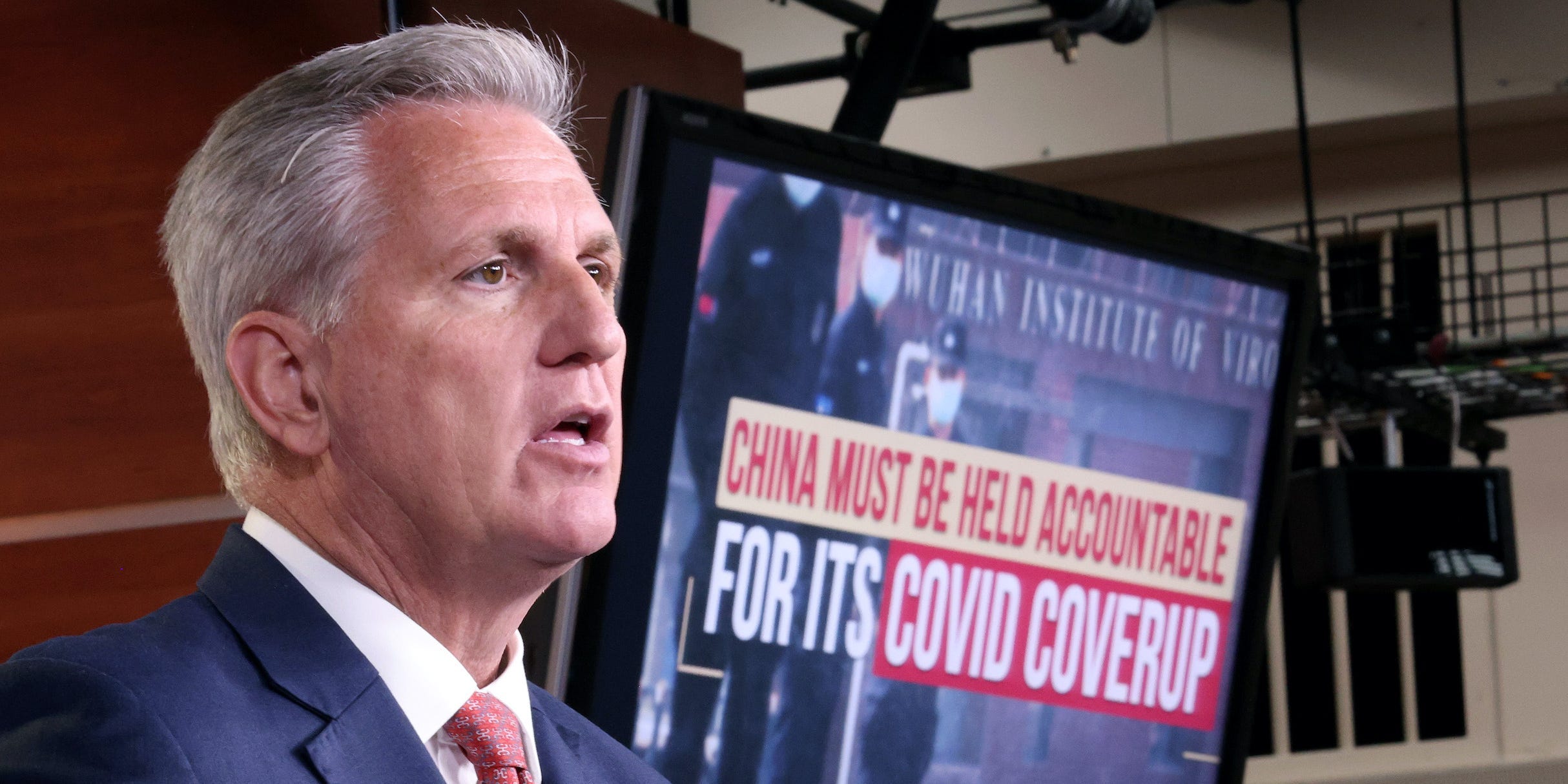 House Minority Leader Kevin McCarthy (R-CA) speaks during a press conference at the U.S. Capitol June 23, 2021 in Washington, DC. McCarthy and other members of the House Republican caucus called for a congressional inquiry into China’s role in the origins of the COVID-19 virus.