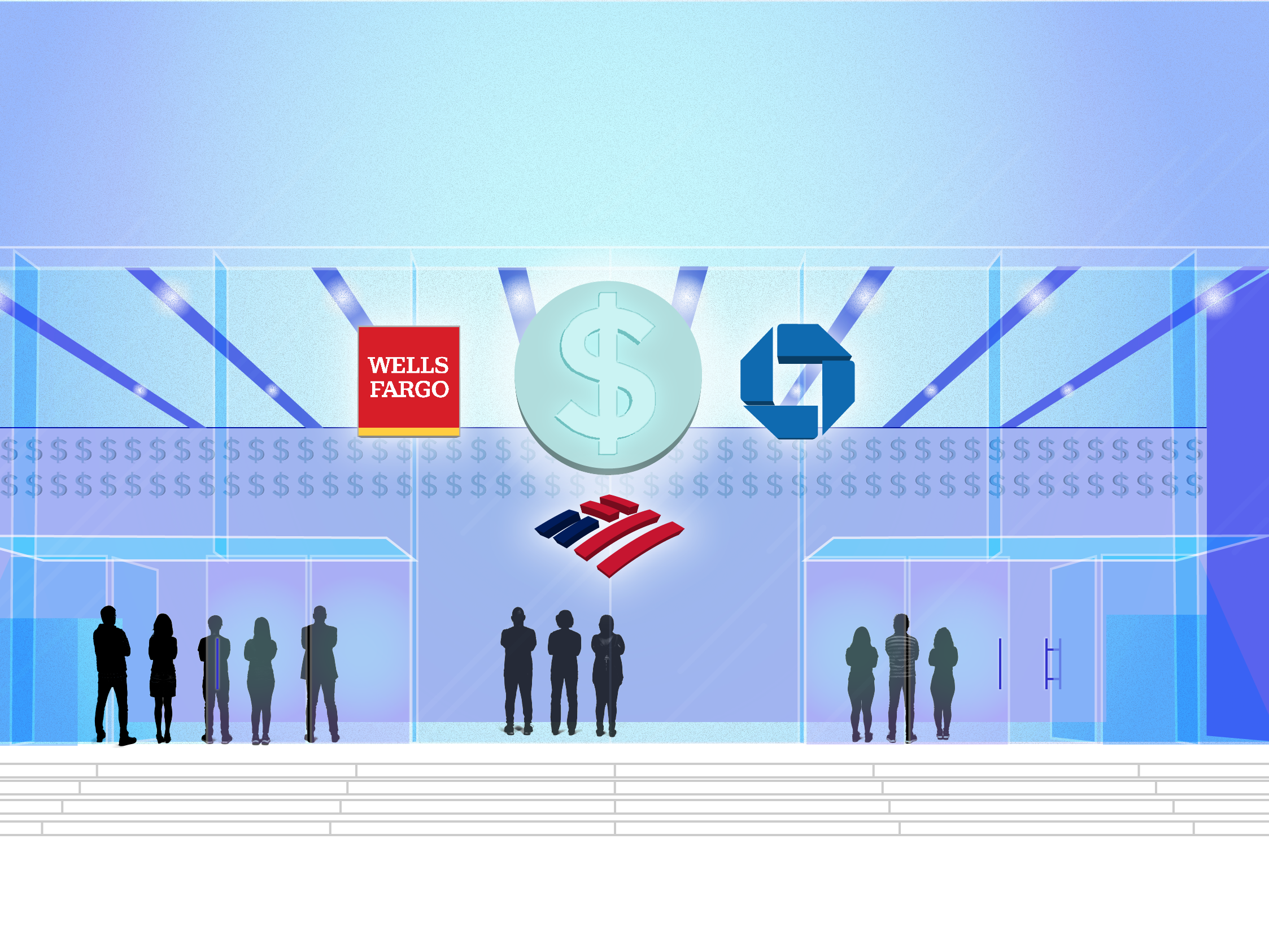 Illustration of a futuristic glass bank with a large illuminated dollar sign logo above the entrance, surrounded by logos of Wells Fargo, Bank of America, and Chase Bank