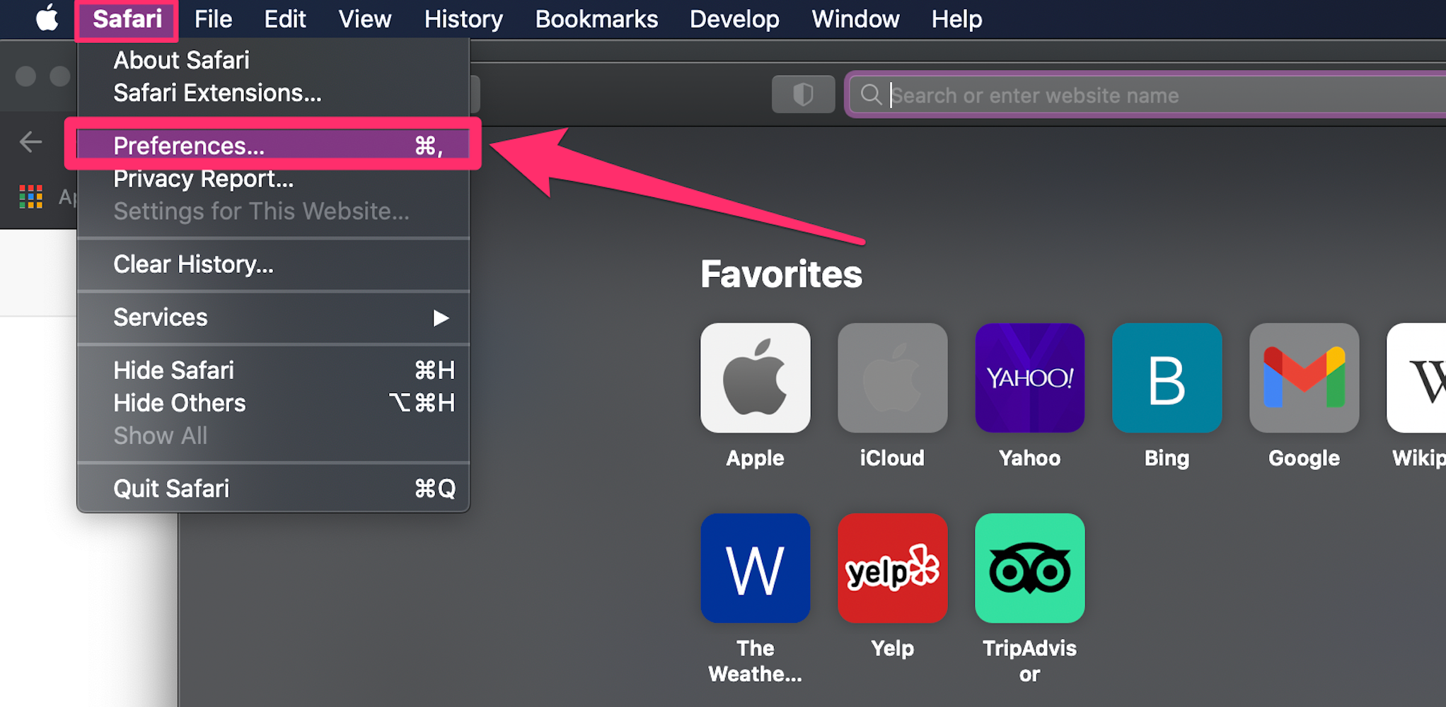Screenshot of Safari Preferences drop-down