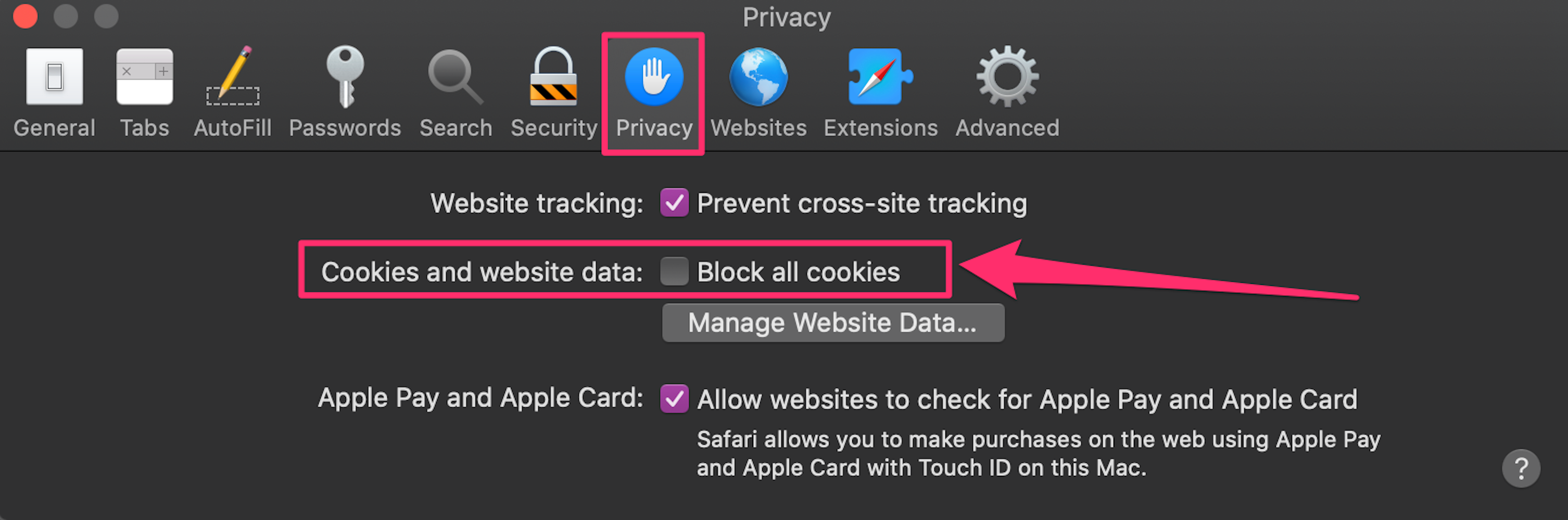 Screenshot of Safari Preferences window