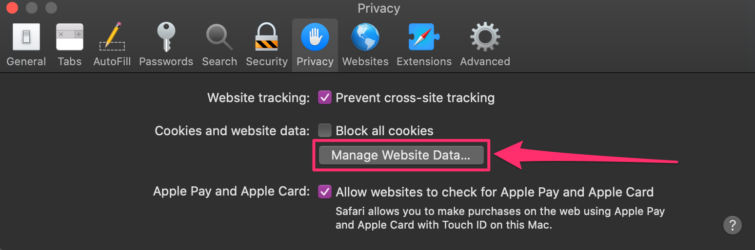 Screenshot of Safari Preferences window, Privacy tab