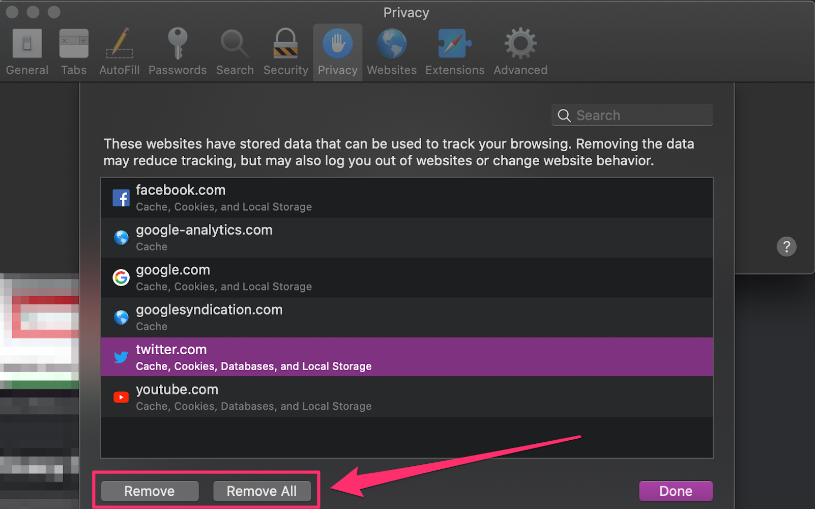Screenshot of Safari Preferences Manage Website Data window