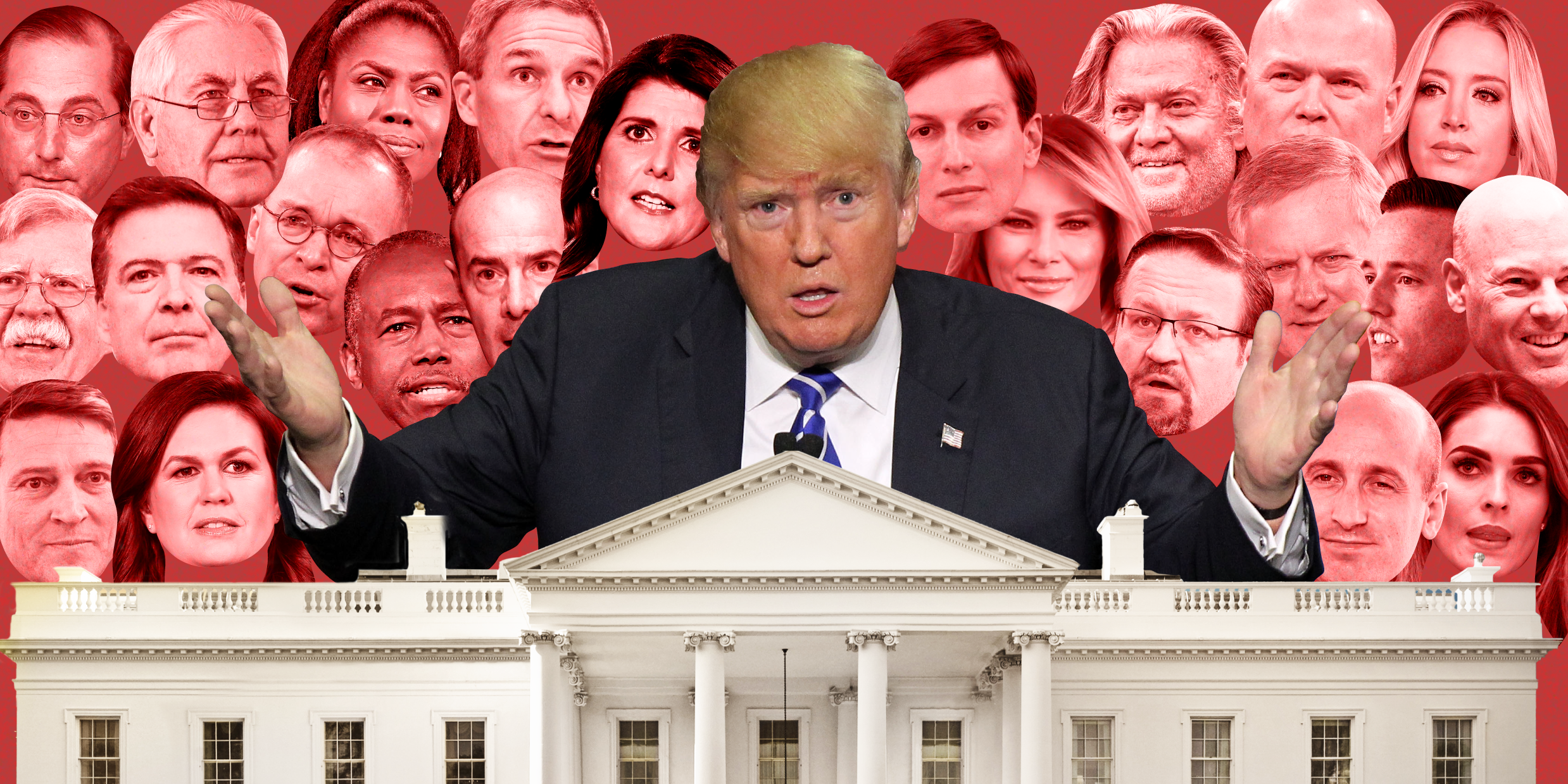 Donald Trump behind the White House with a group of people who used to work for his administration behind him on a red background.