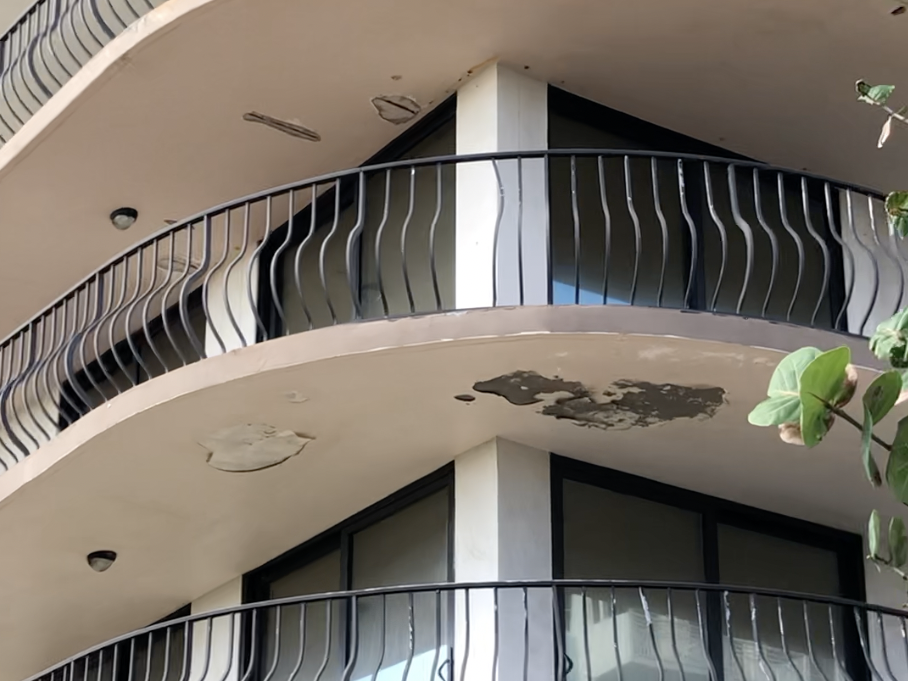 Balconies with damage.