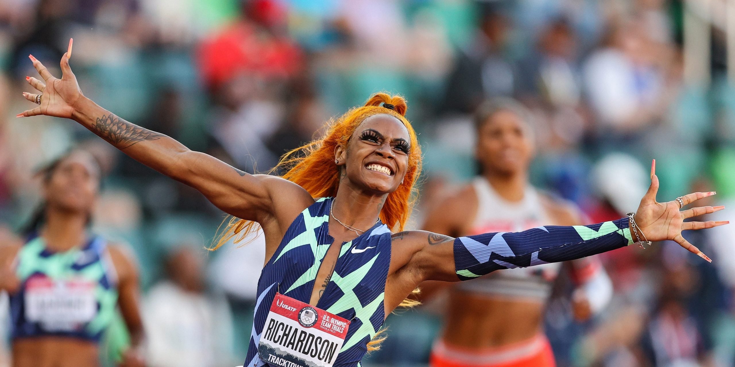 Sha'Carri Richardson celebrates winning the Women's 100 Meter final on day 2 of the 2020 U.S. Olympic Track & Field Team Trials