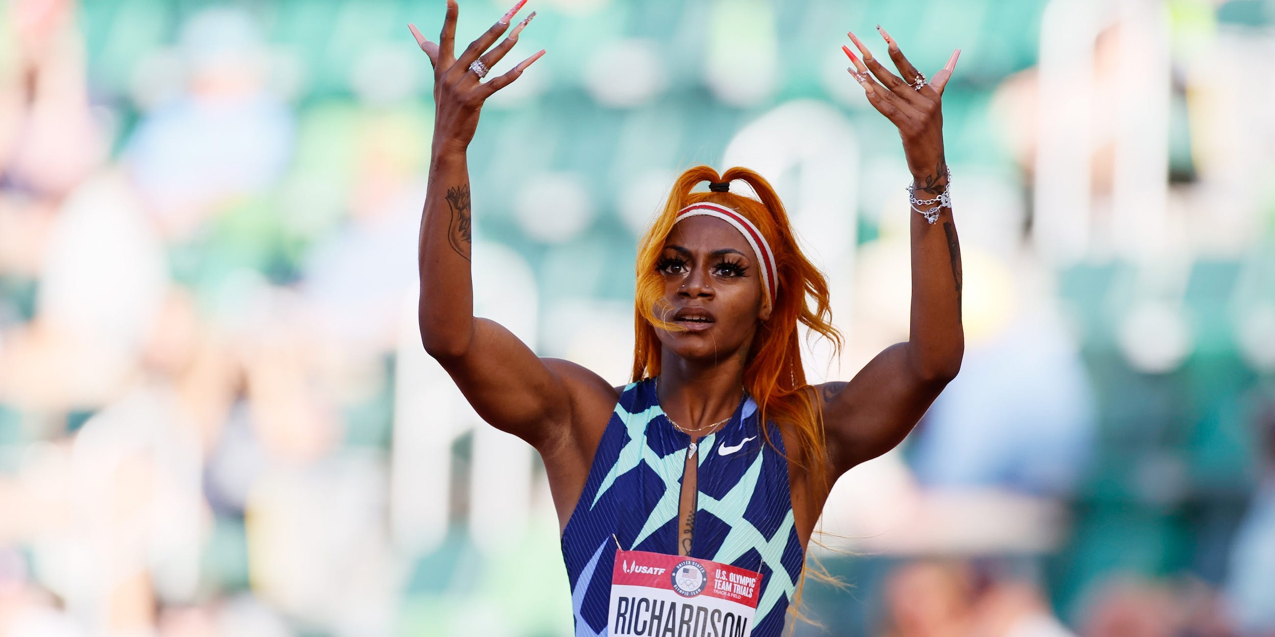 Sha'Carri Richardson reacts after competing in the Women's 100 Meter Semi-finals on day 2 of the 2020 U.S. Olympic Track & Field Team Trials at Hayward Field on June 19, 2021 in Eugene, Oregon.