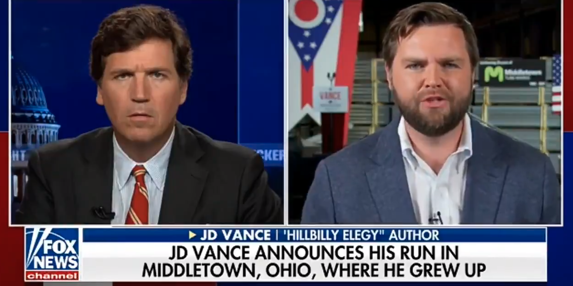 Fox News host Tucker Carlson promotes Republican Senate candidate J.D. Vance on his Thursday night show.