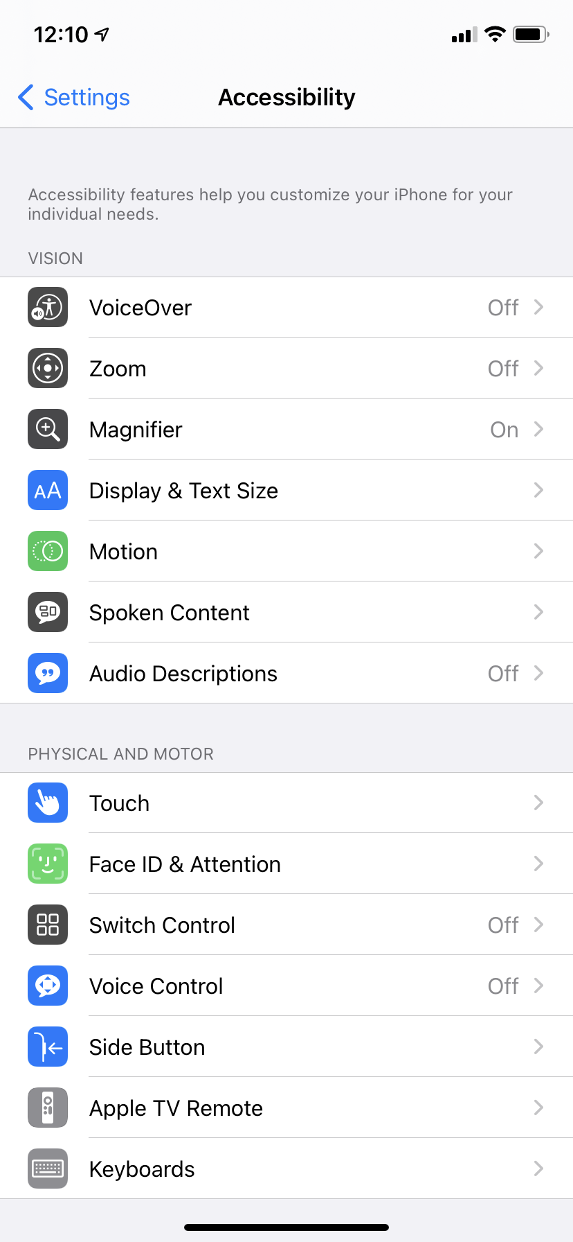 The accessibility menu on an iPhone