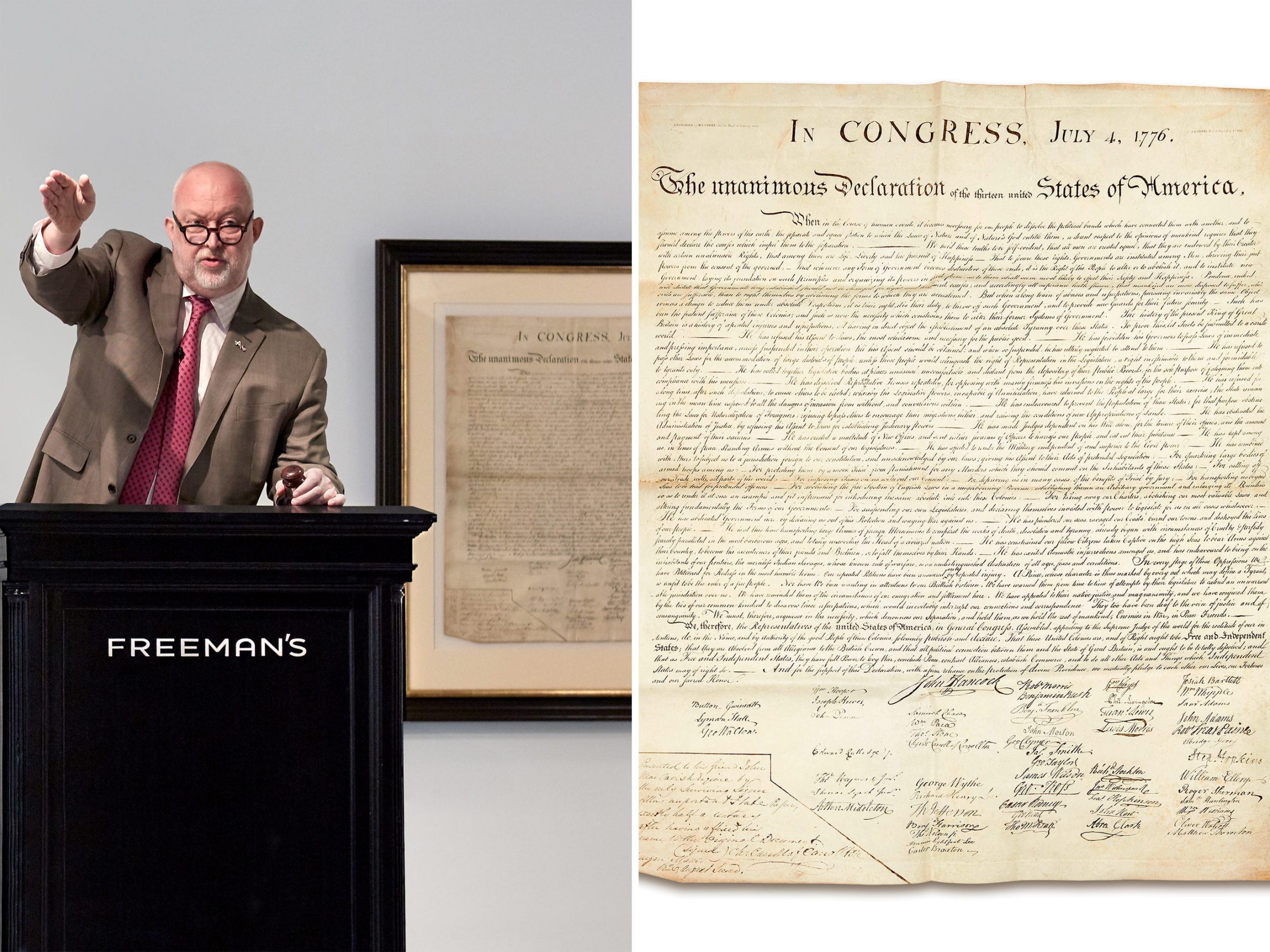 Left: An auction stand with a man behind it and a framed document behind him. Right: A close up of the copy of the Declaration of Independence up for auction.